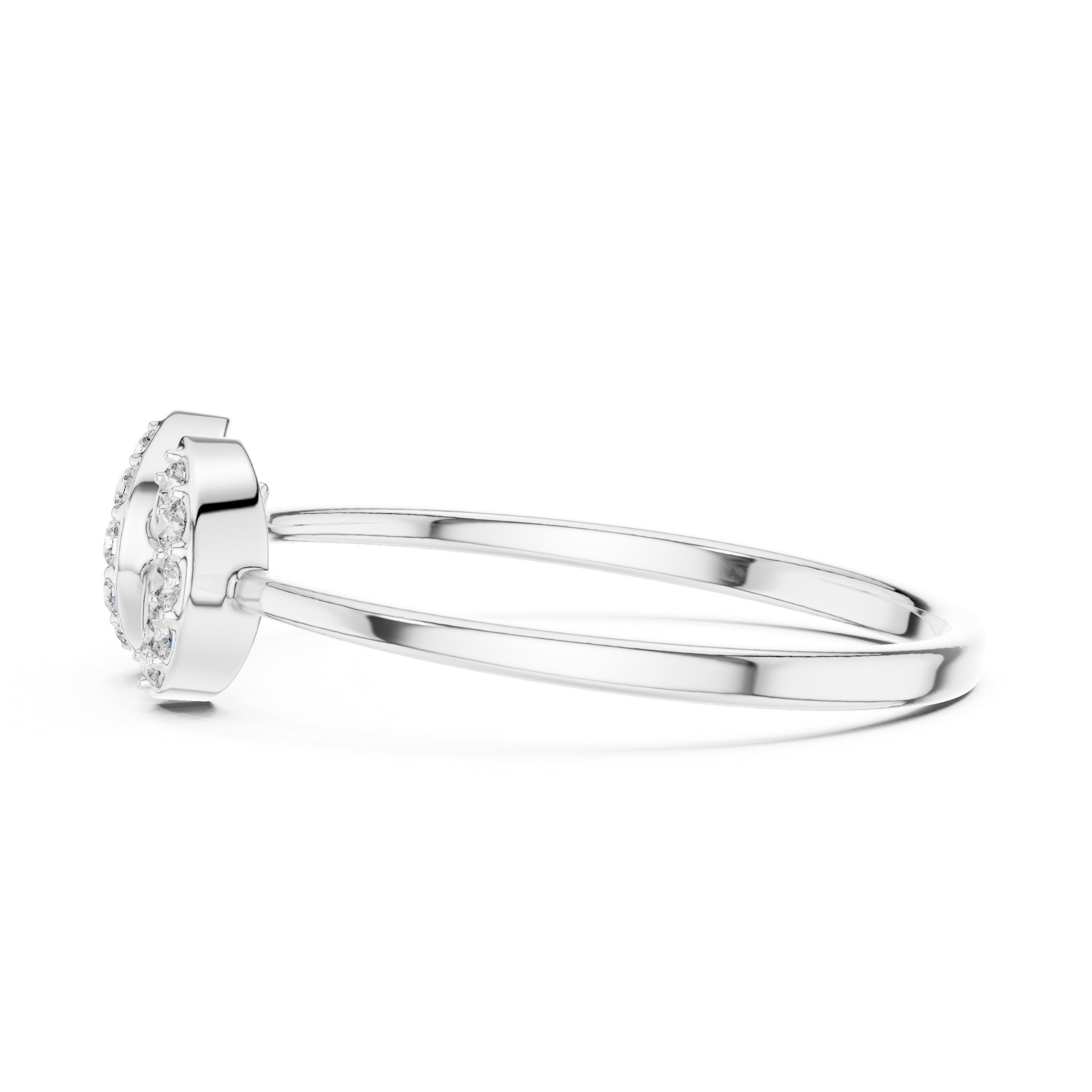 Bow arrow open crown ring with pave set arch top and polished plain band