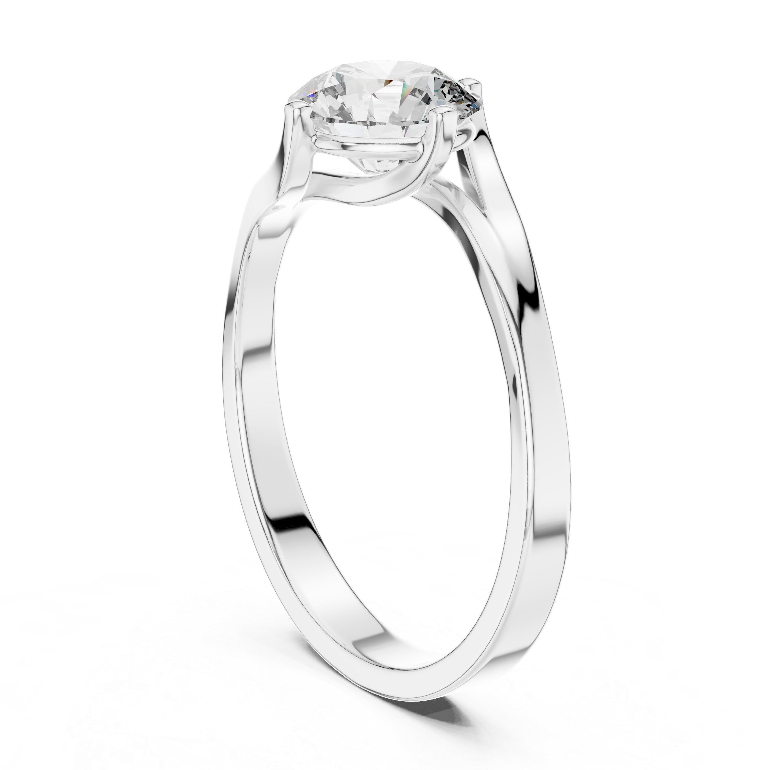 Bypass twist solitaire diamond engagement ring with round brilliant cut stone