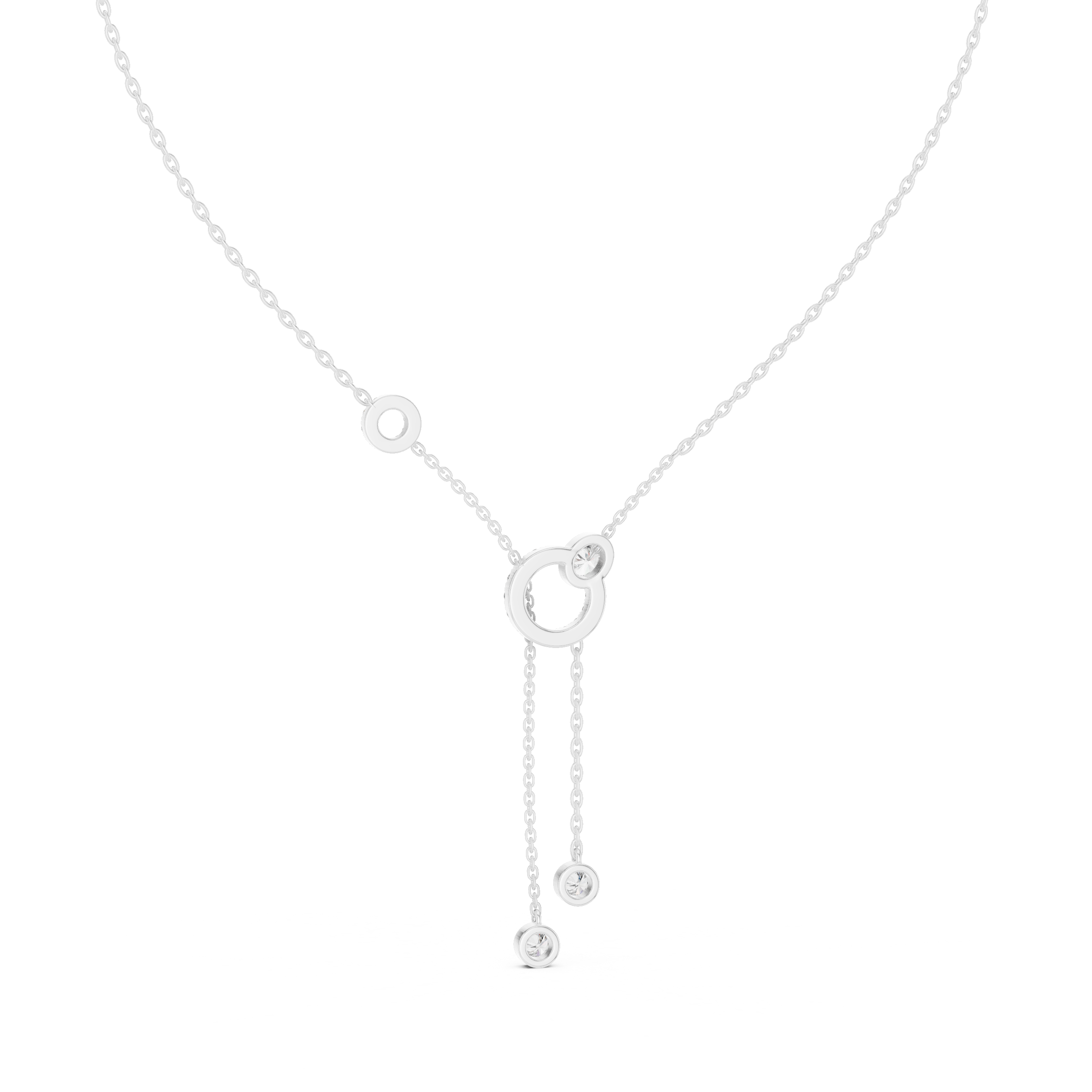 Circle lariat diamond necklace with dual bezel set solitaire drop chain