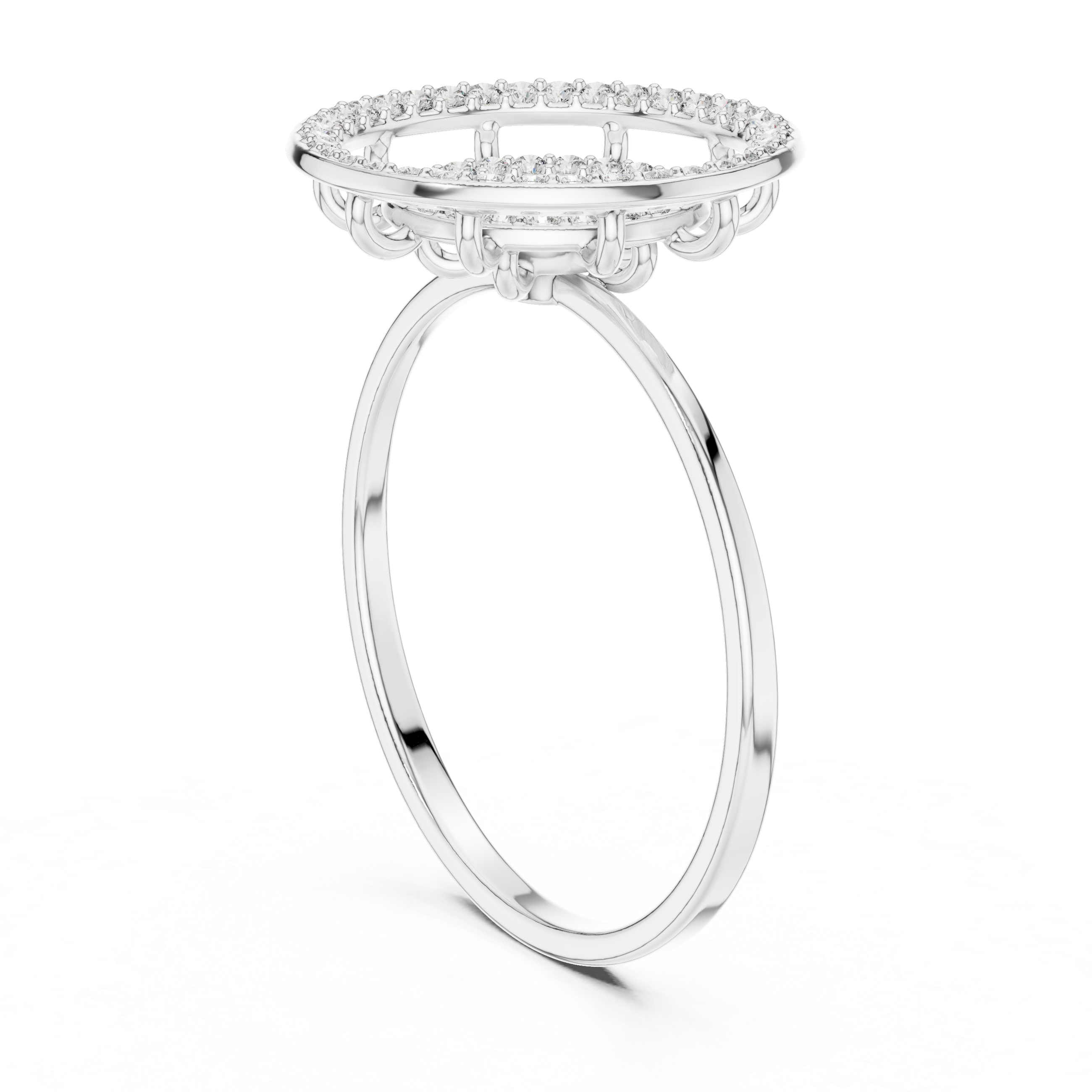 Round pave diamond cocktail ring with solitaire centre and halo setting