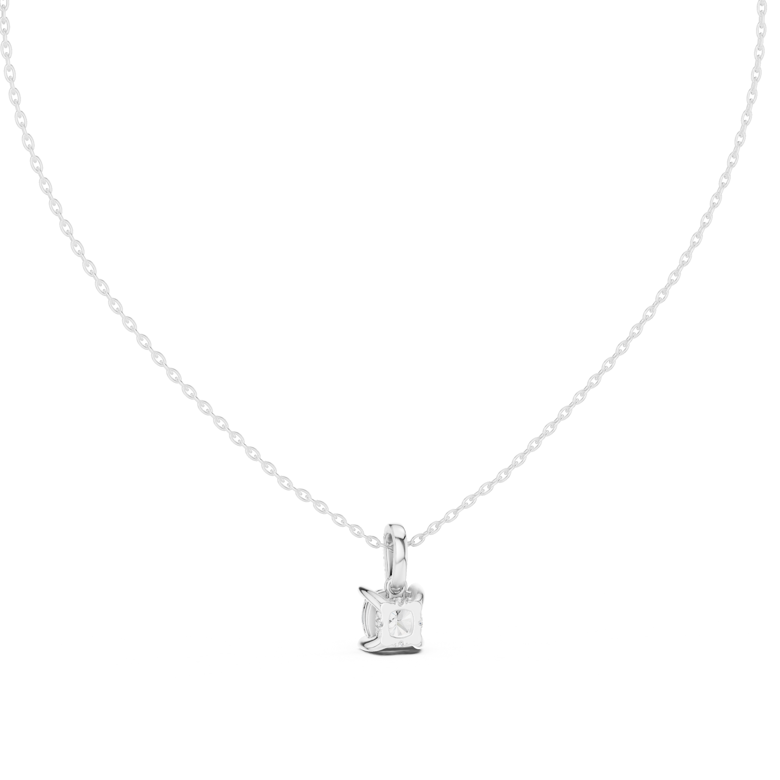 Cushion cut solitaire diamond pendant necklace with pave bail setting