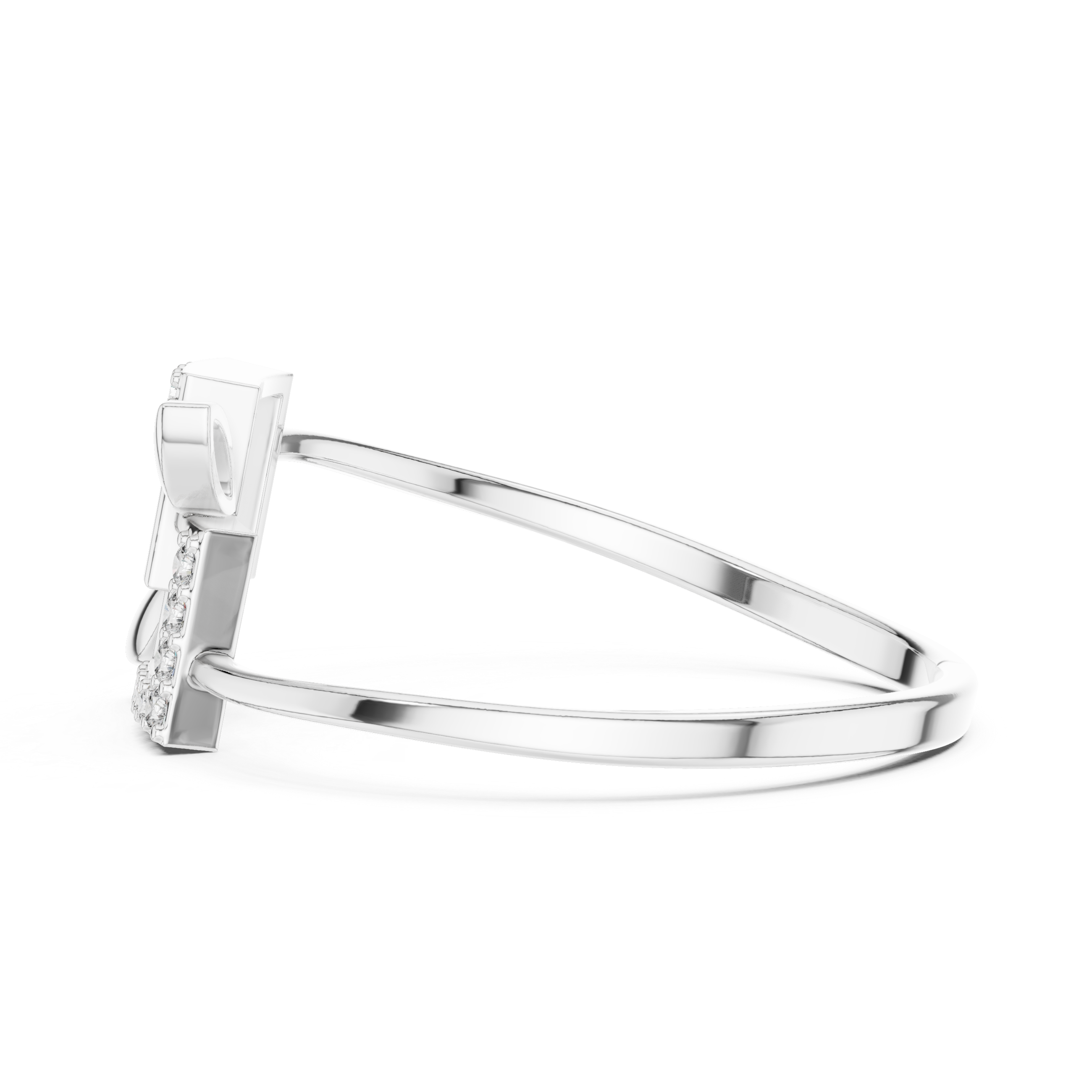 Double square geometric open ring with pave border and minimalist slim band
