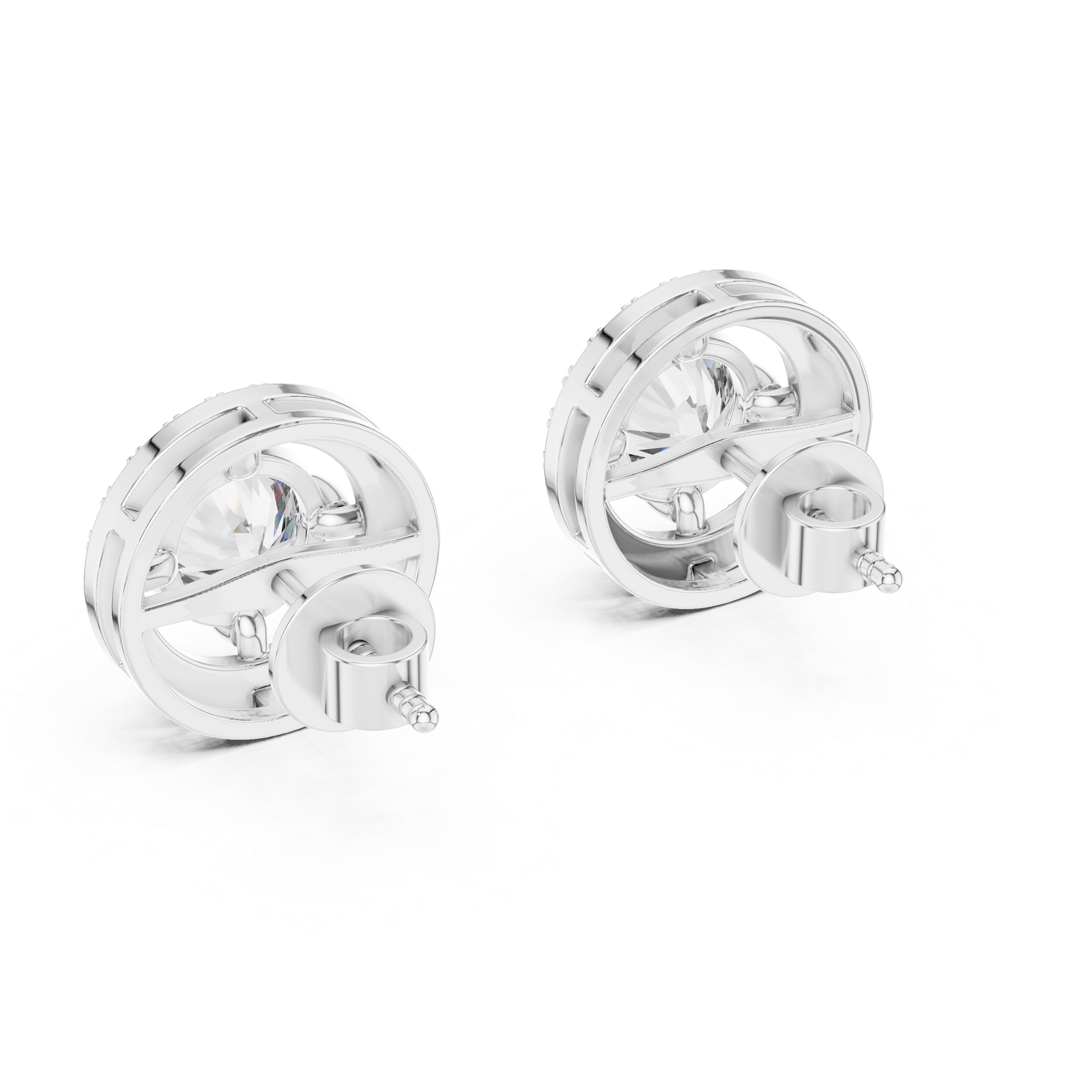 Round brilliant solitaire stud earrings suspended within an open circle and a stone-set outer halo border