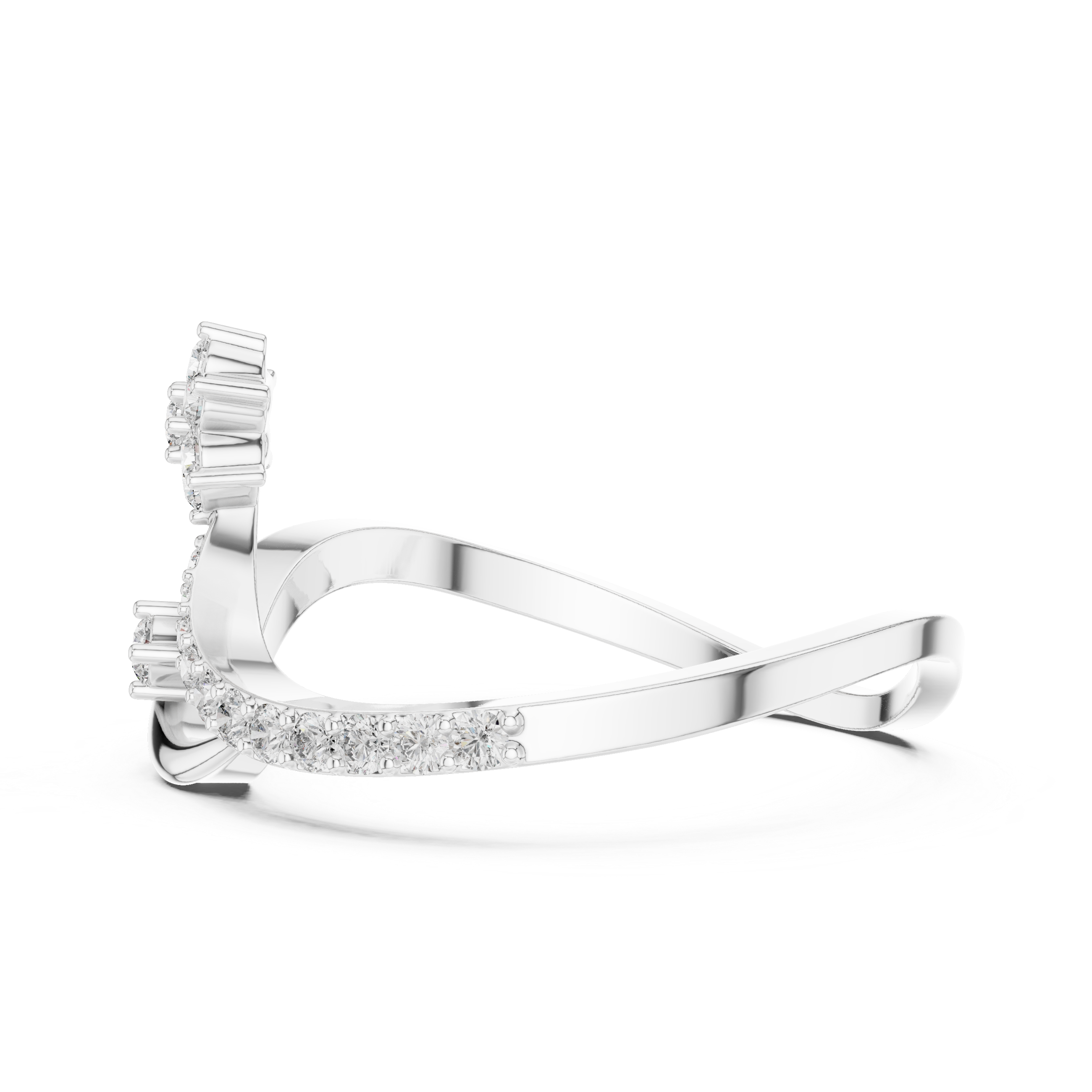Floral cluster bypass ring with open loop frame and curved wave band