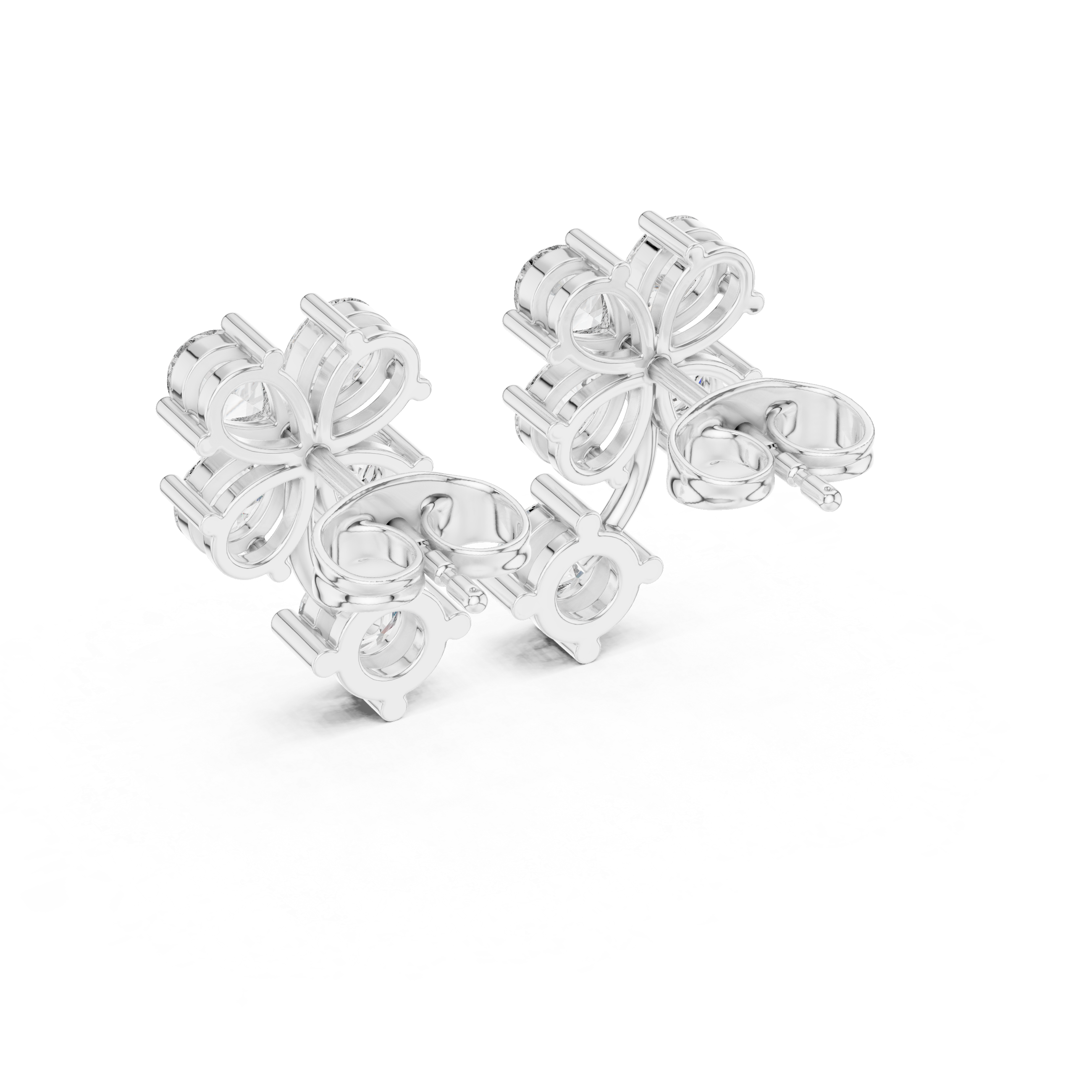 Floral cluster solitaire drop earrings with pear and round stone flower cluster top and large round solitaire drop on curved stem
