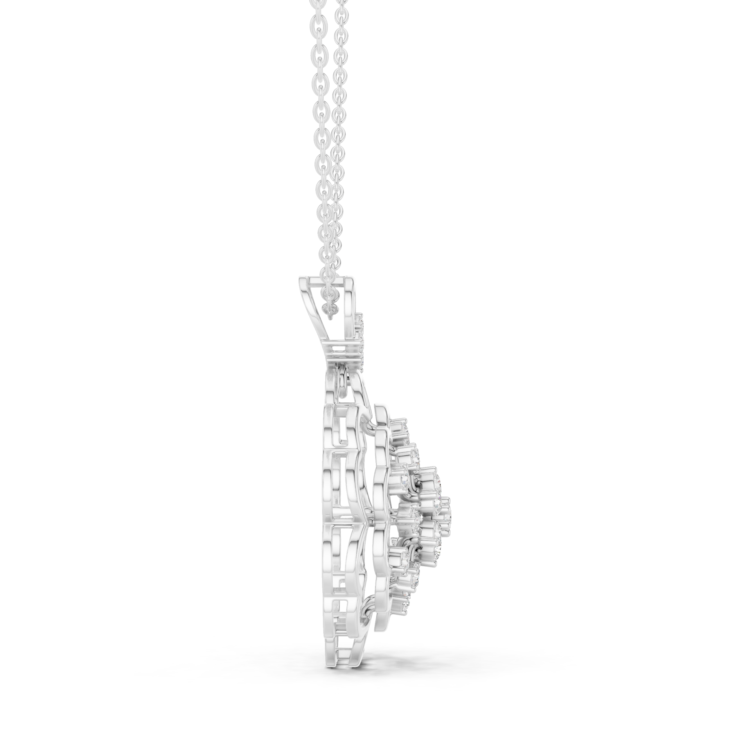 Floral filigree diamond pendant necklace with snowflake cluster centre and scallop border