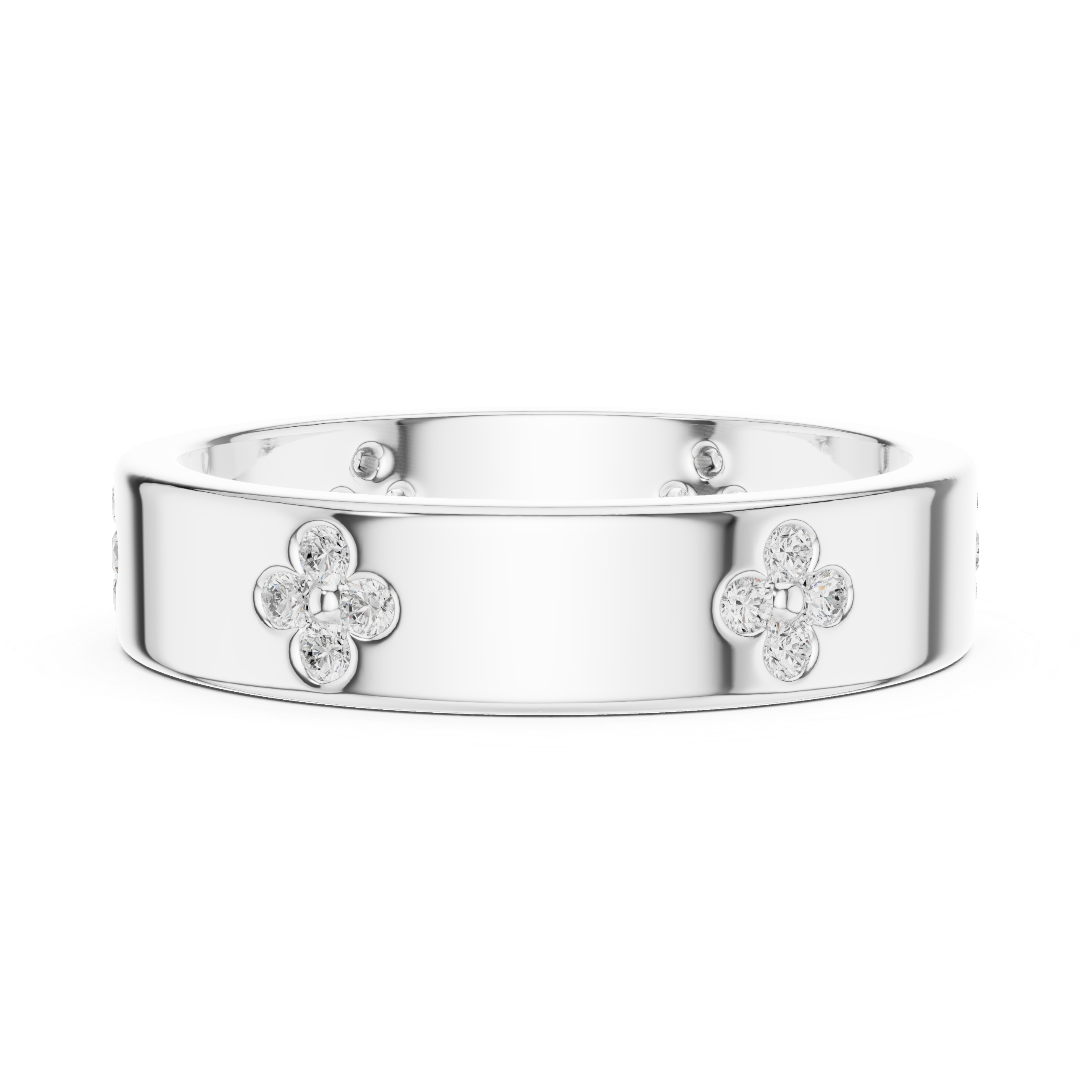 Floral motif diamond band ring with four petal cluster design all around