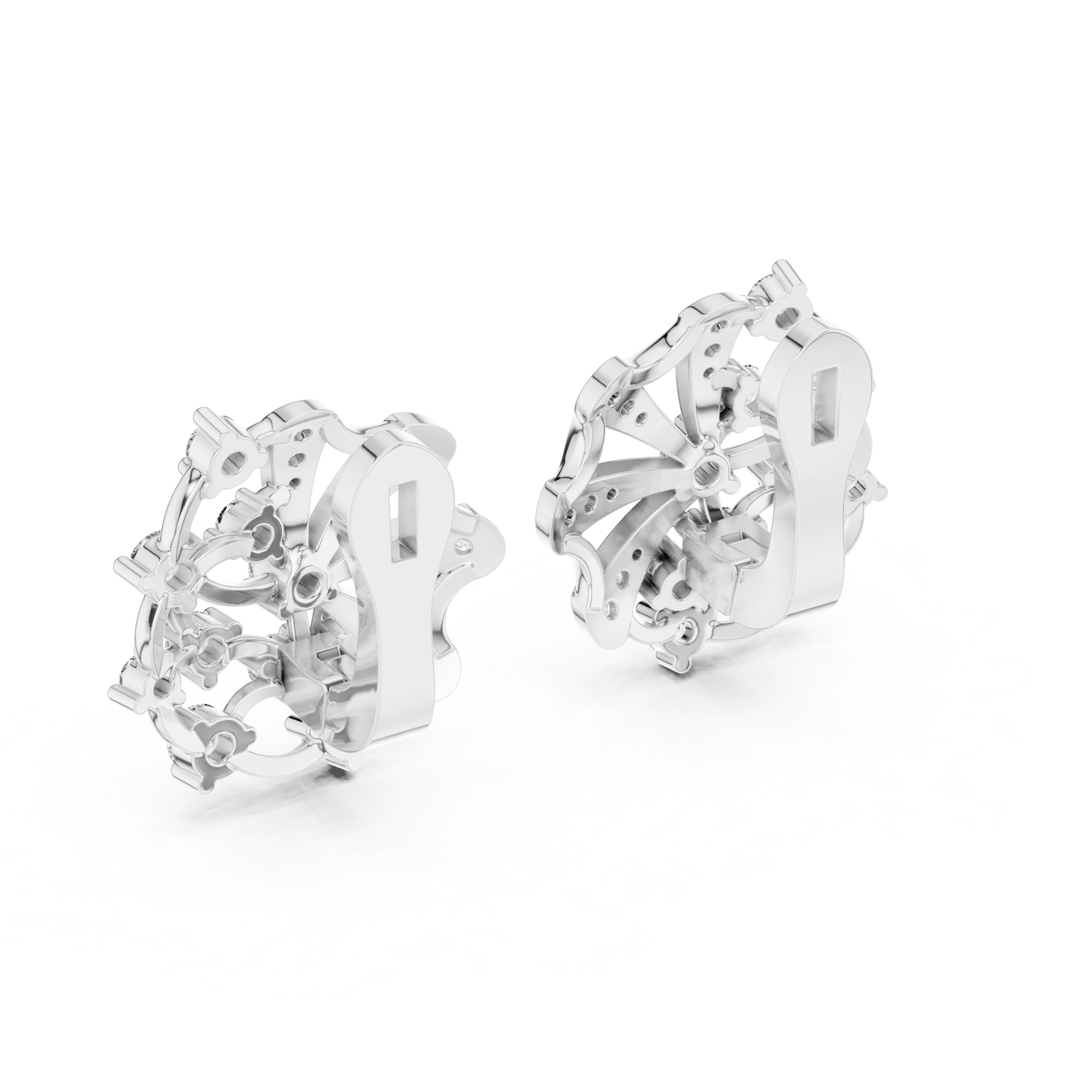 Floral pinwheel pave diamond earrings with cluster centre and clip back setting