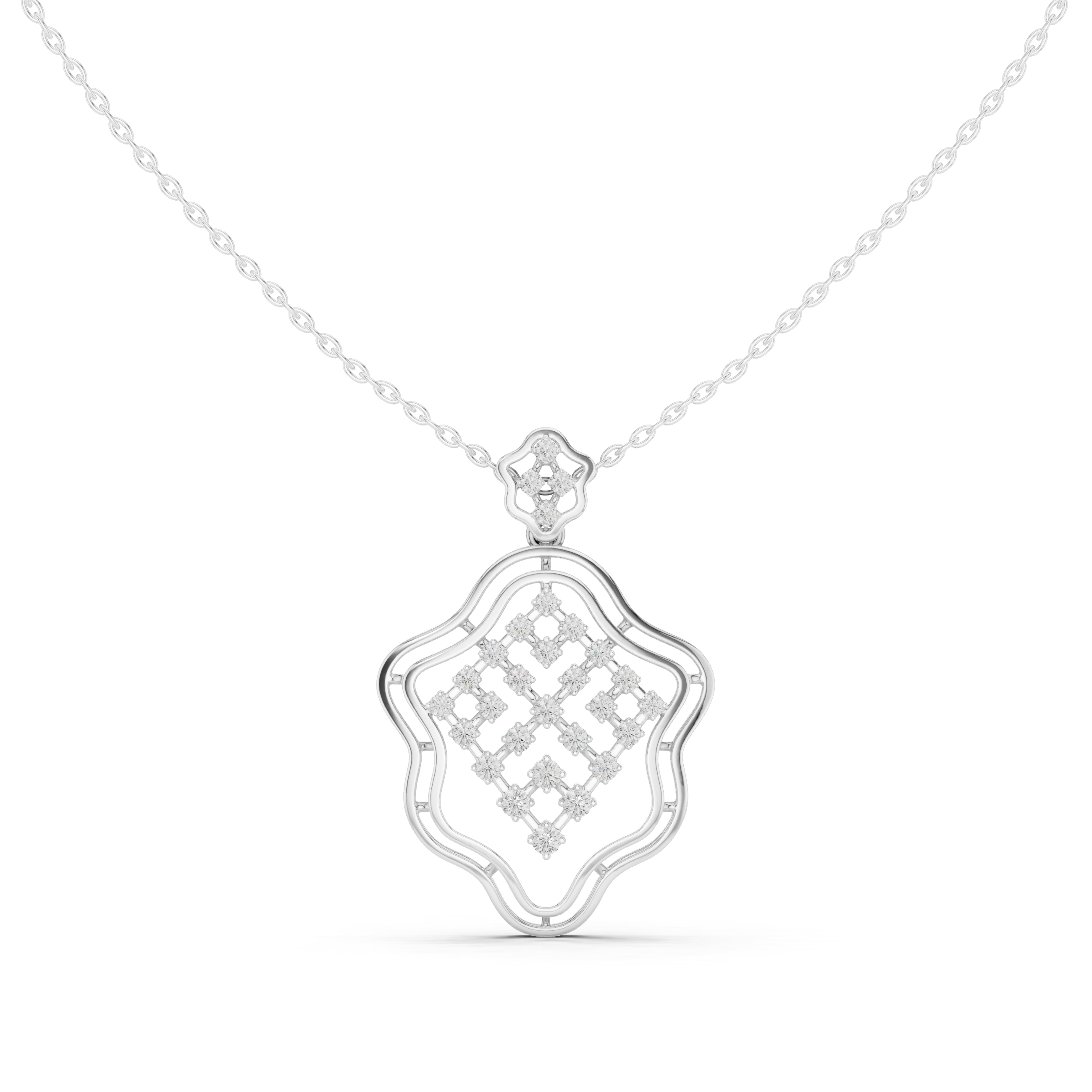 Silver chain necklace with ornate geometric lattice diamond pendant in scalloped frame