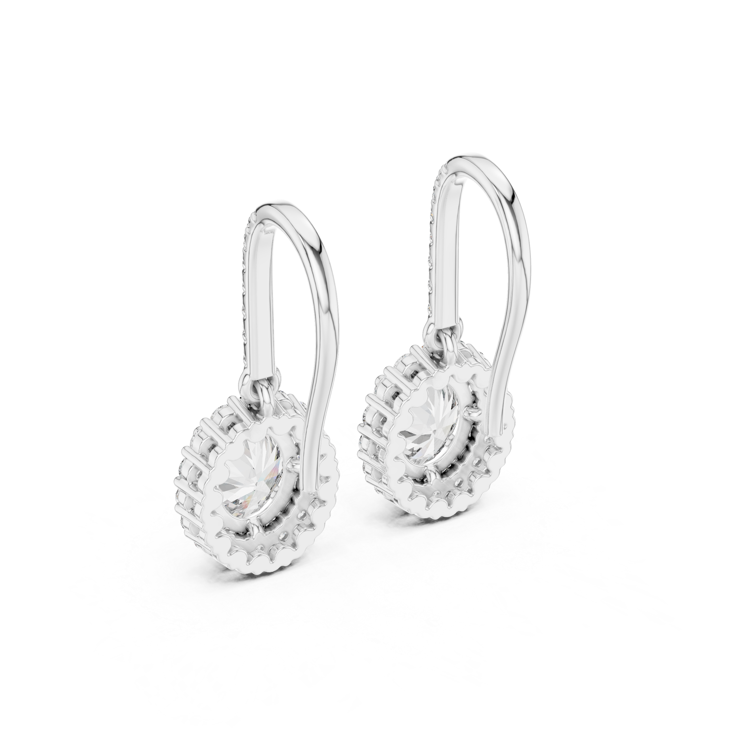 Halo solitaire hook drop earrings with pave set stone detailing