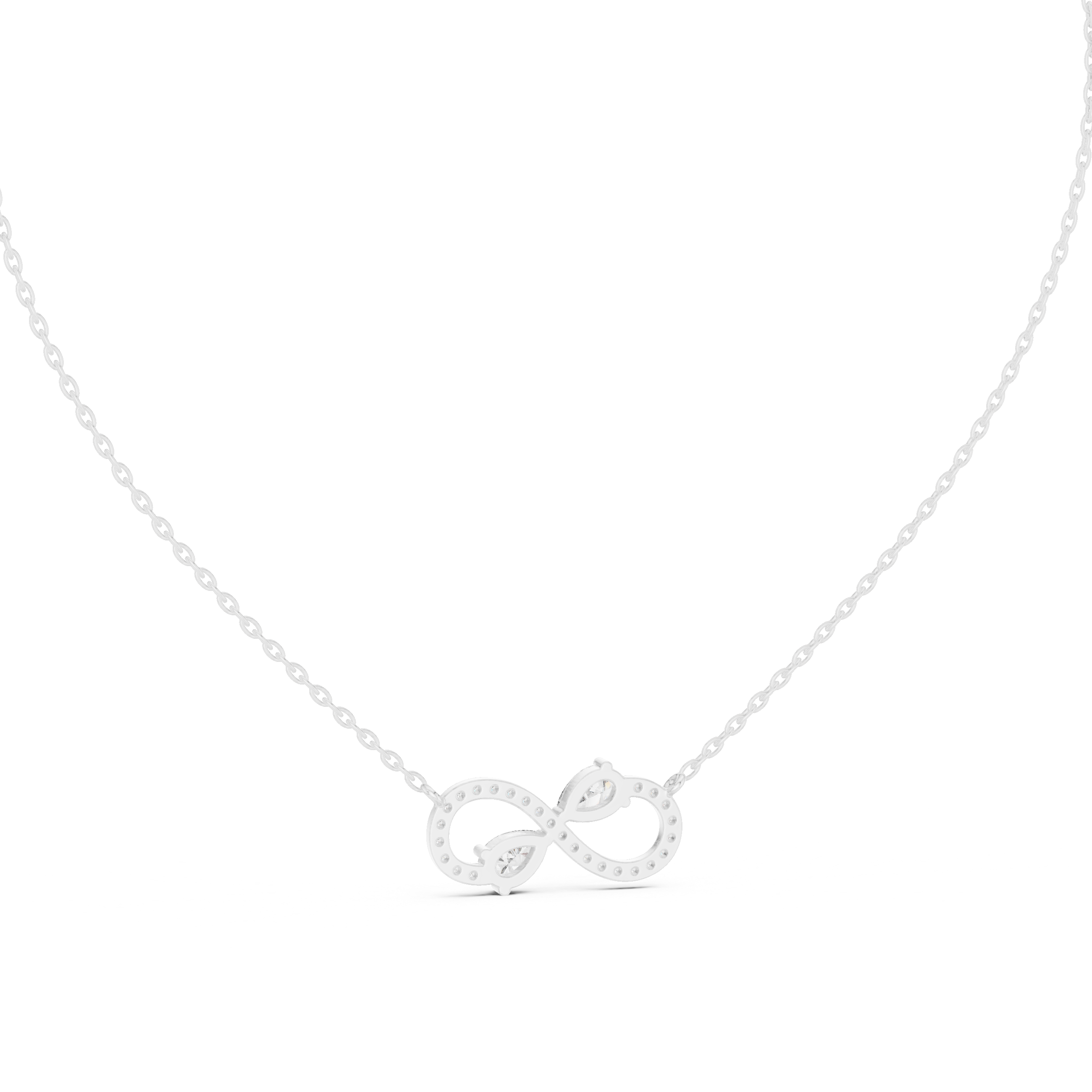Infinity symbol pave diamond pendant necklace with dual pear cut stone accent