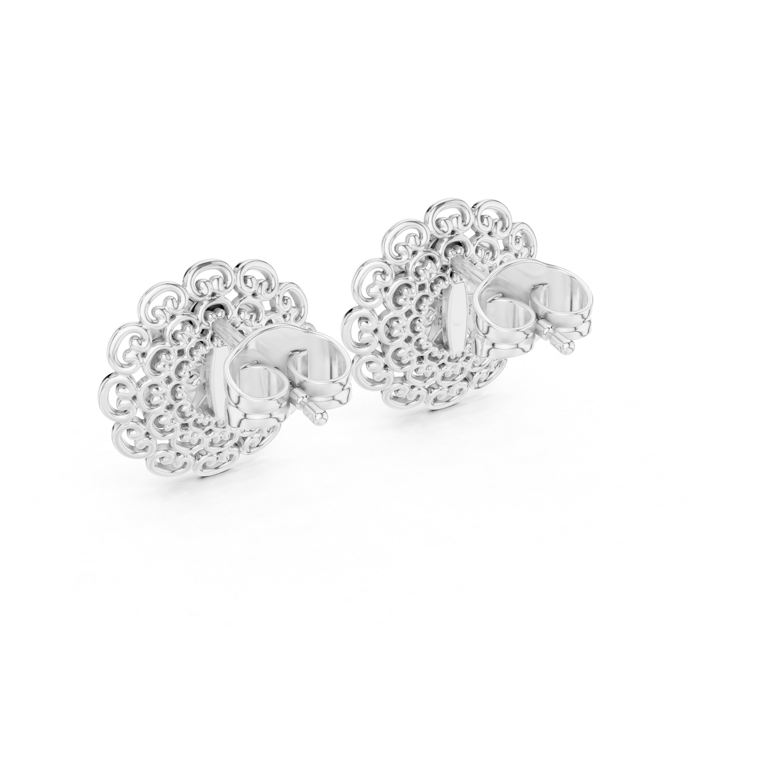 Mandala filigree stud earrings with intricate scroll frame and round stone cluster centre