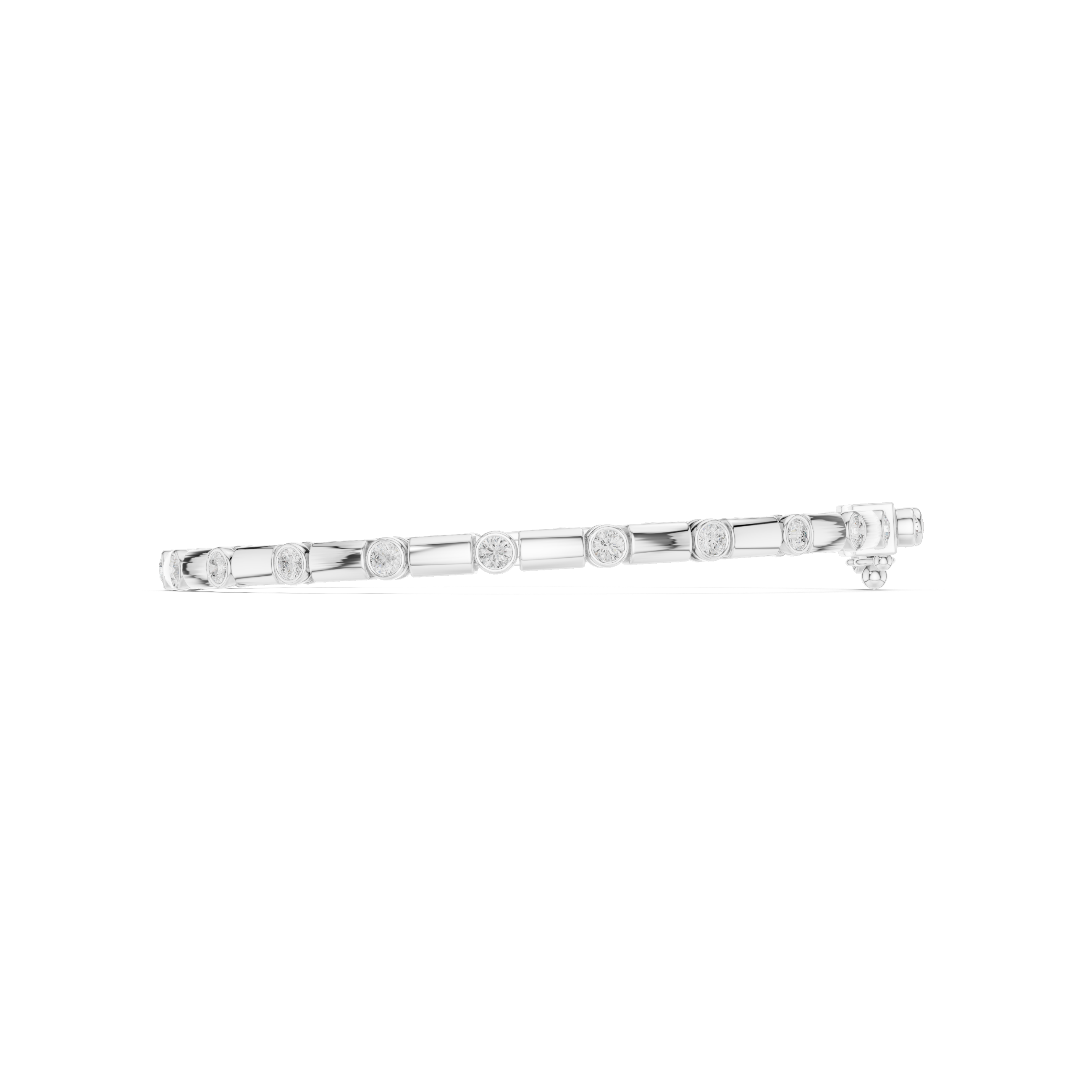 Men's silver tennis bracelet with alternating bezel-set round diamonds and rectangular bar links