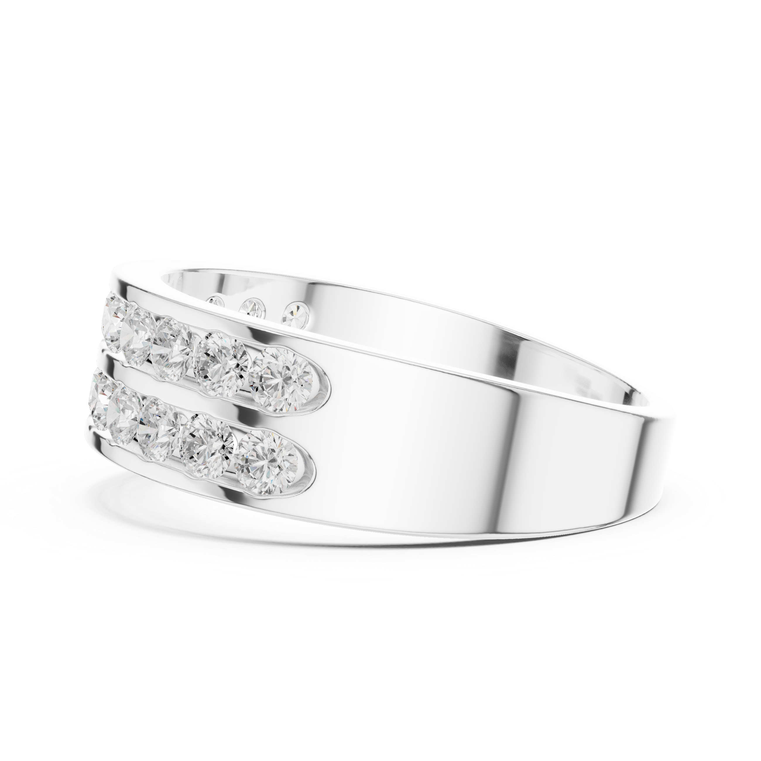 Men's silver wedding band with two channel-set round diamond rows and polished finish
