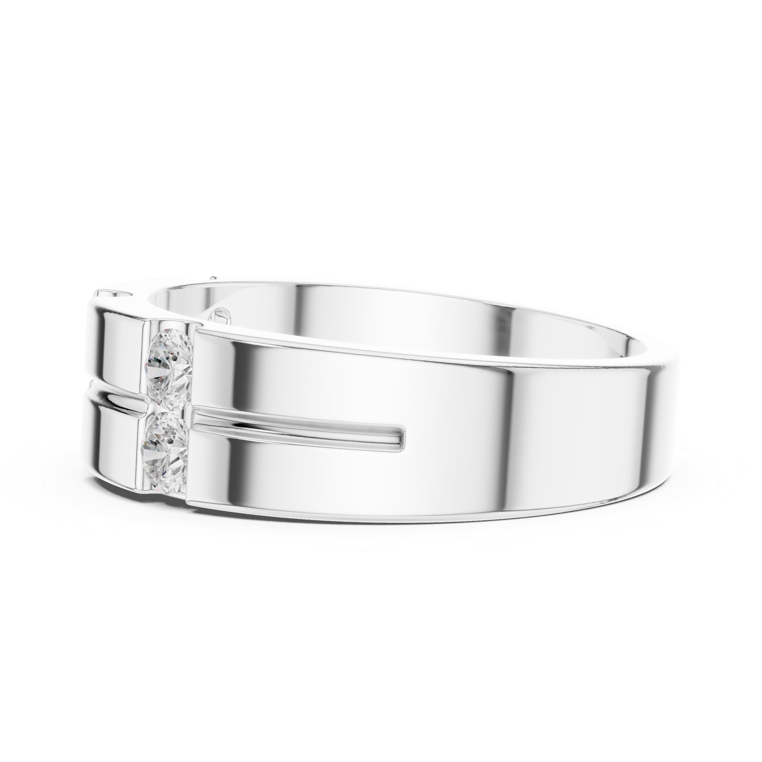 Men's silver band ring with double-row diamond panels set in geometric grid pattern