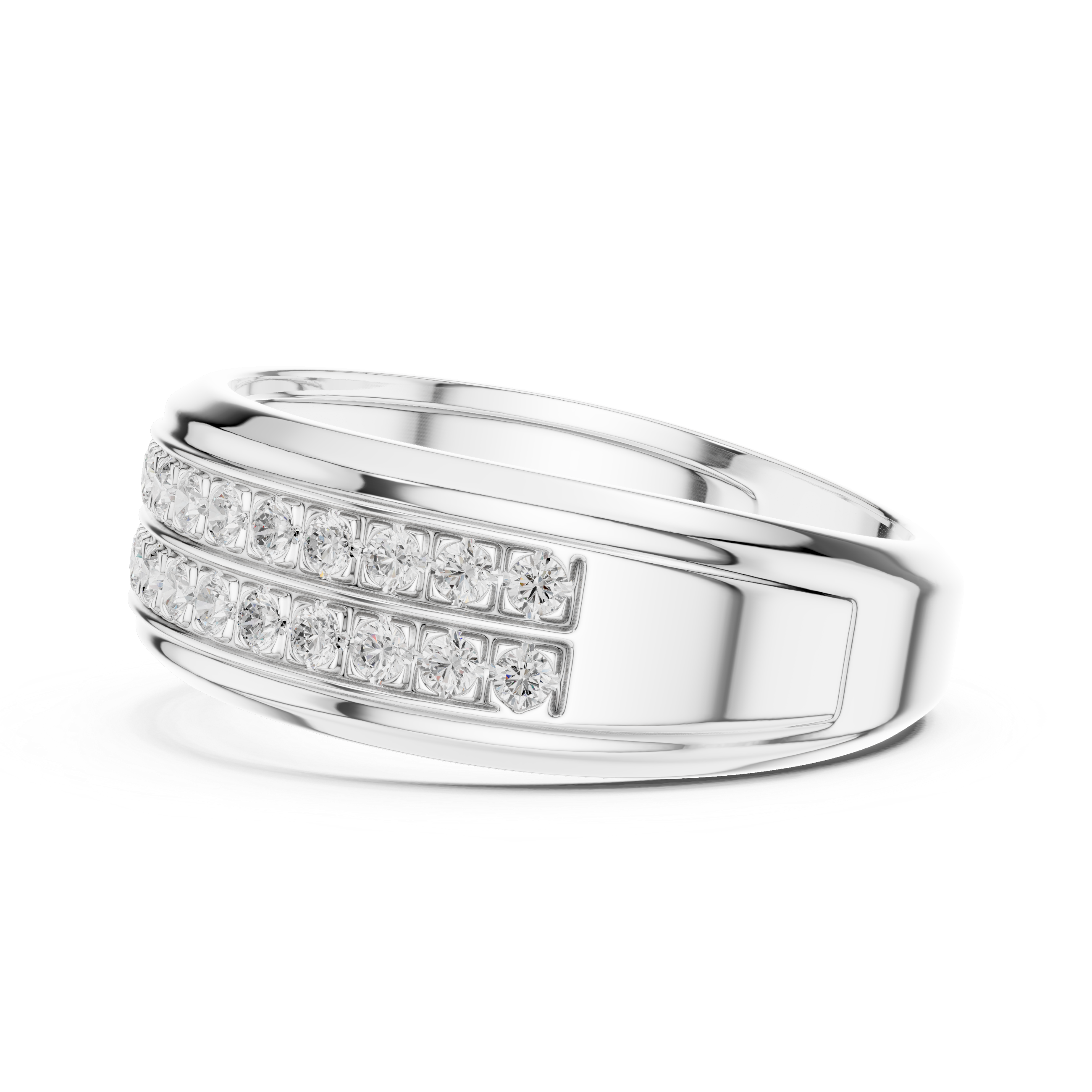 Men's silver wedding band with two rows of pavé diamonds and polished raised edge detailing