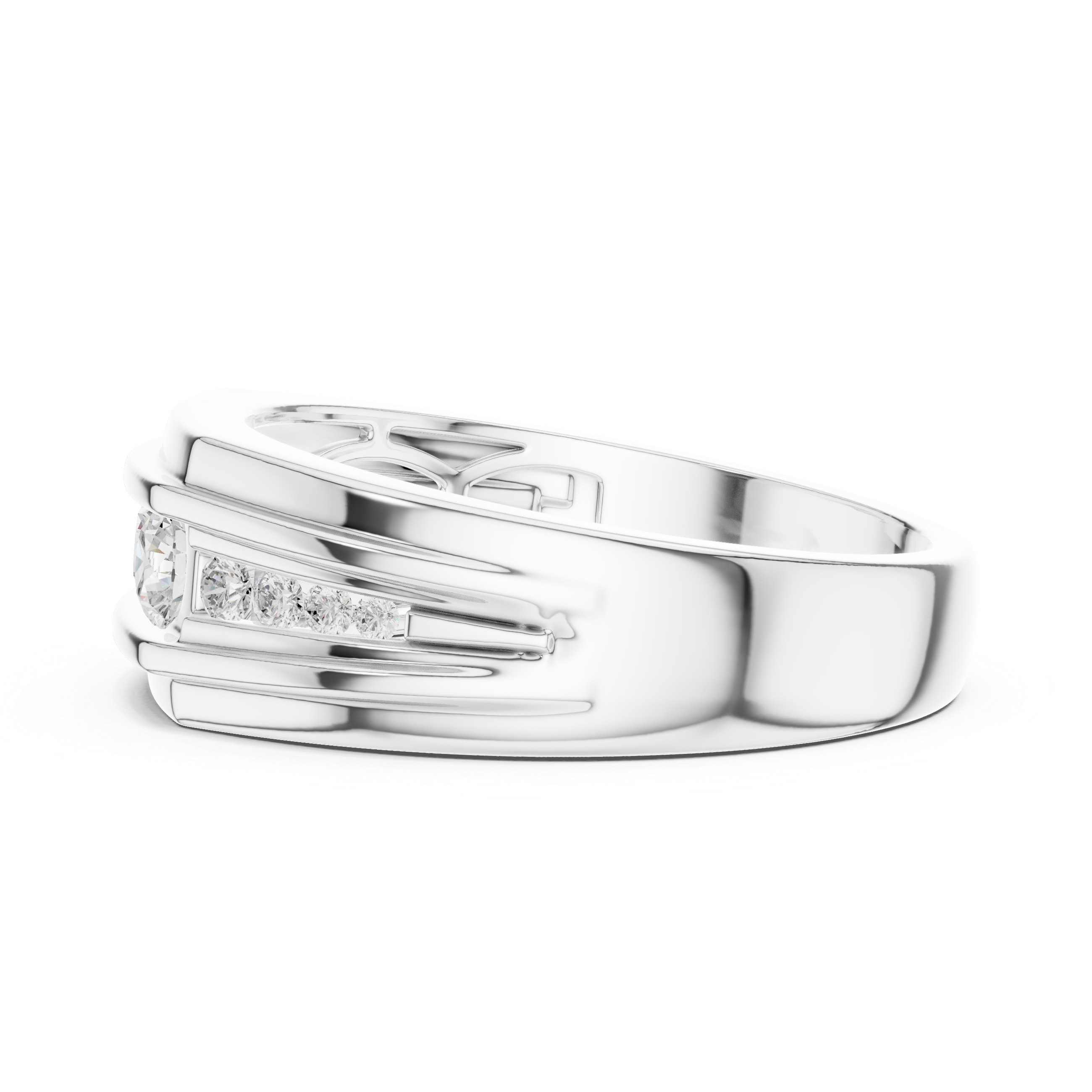 Men's wide silver band ring with five channel-set round diamonds and grooved edge detailing