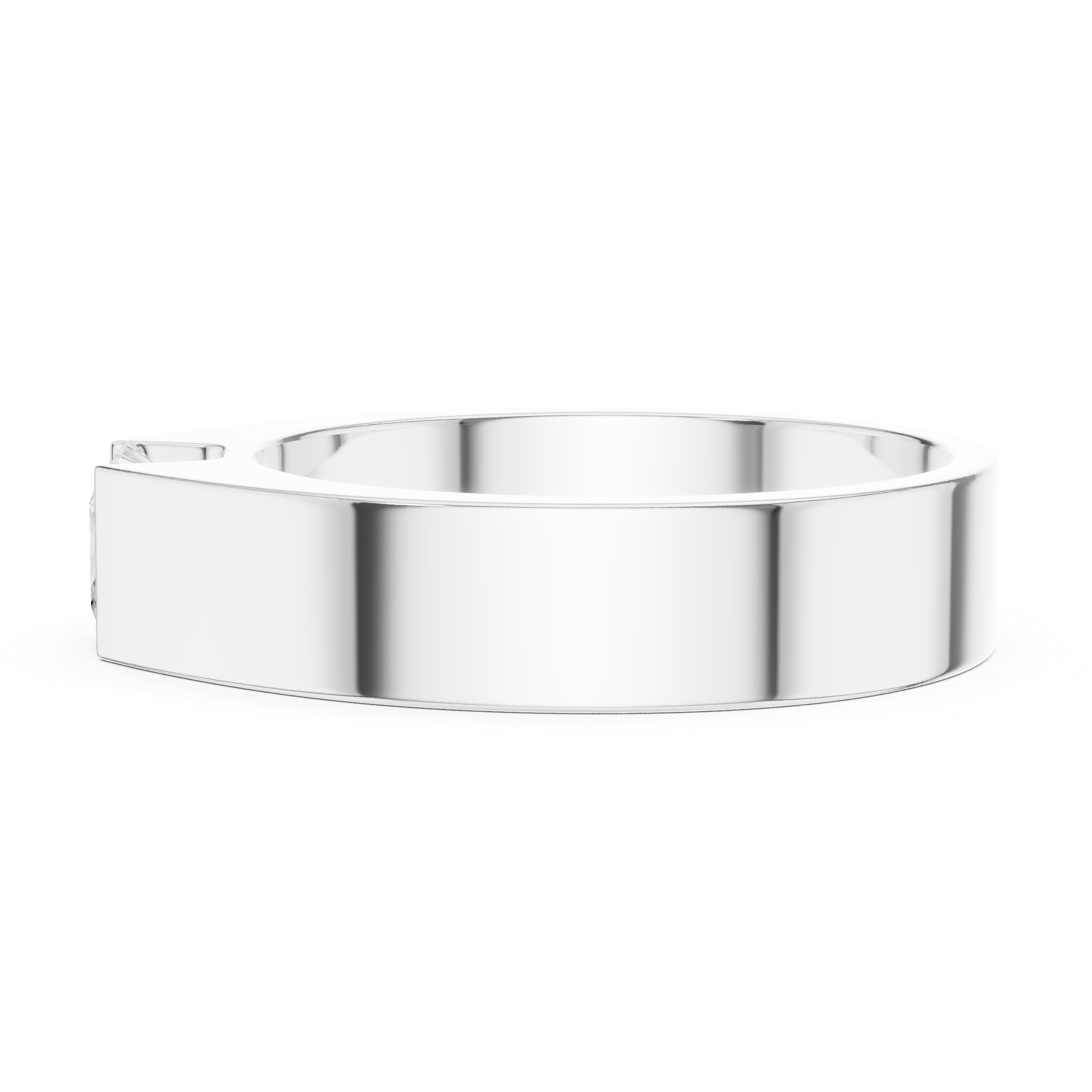 Men's minimalist wide silver band ring with flush-set princess-cut solitaire diamond center