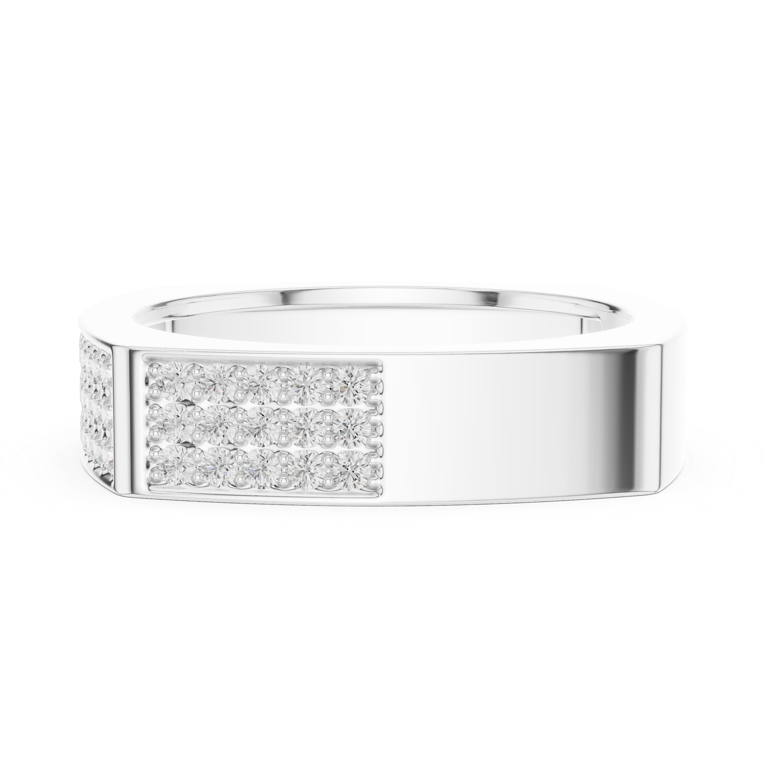 Men's silver rectangular band ring with full three-row pavé diamond front panel and rounded corner edges