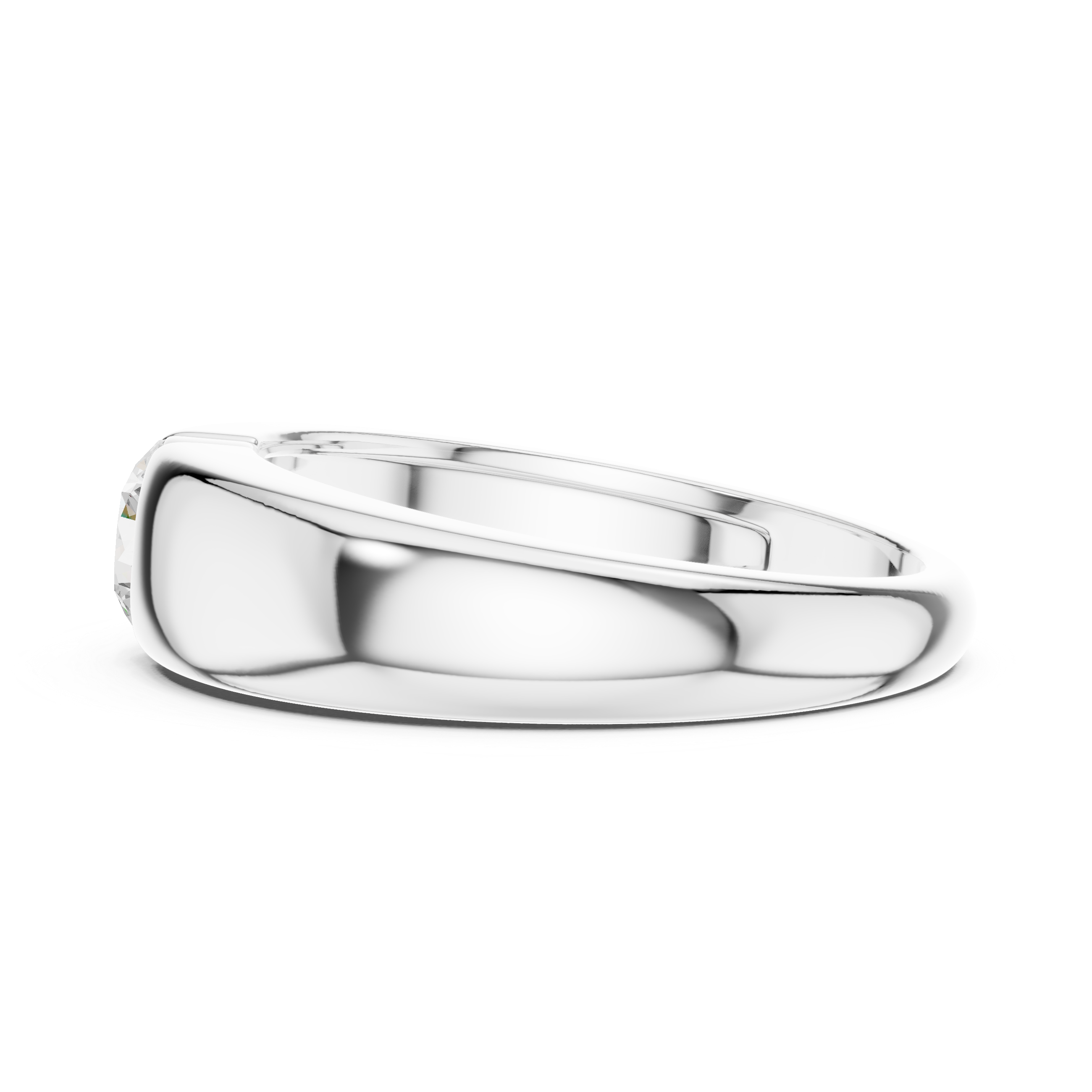 Men's wide polished silver dome ring with flush bezel-set round solitaire diamond center