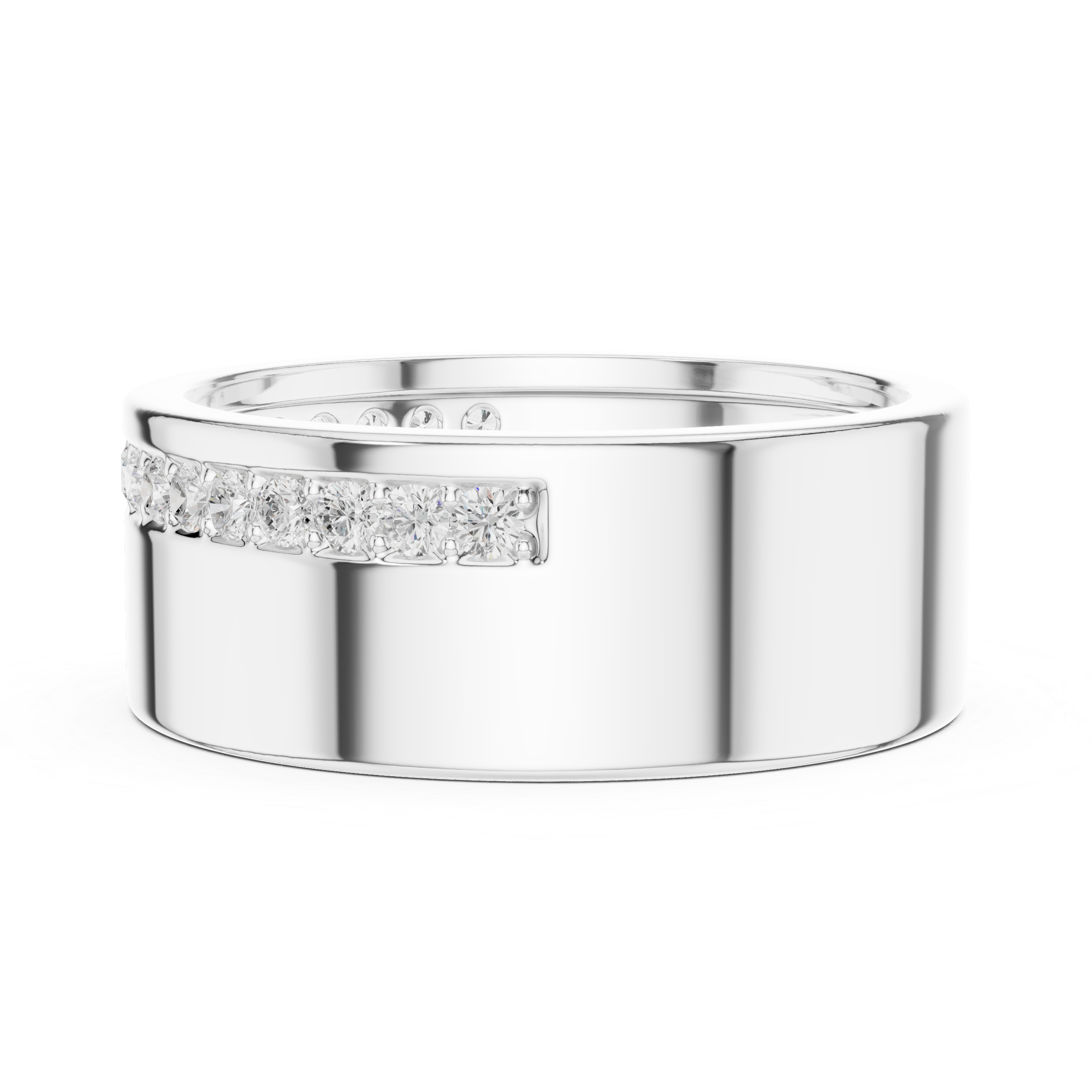 Men's wide polished silver band ring with single eternity row of pavé diamonds and raised edge detailing