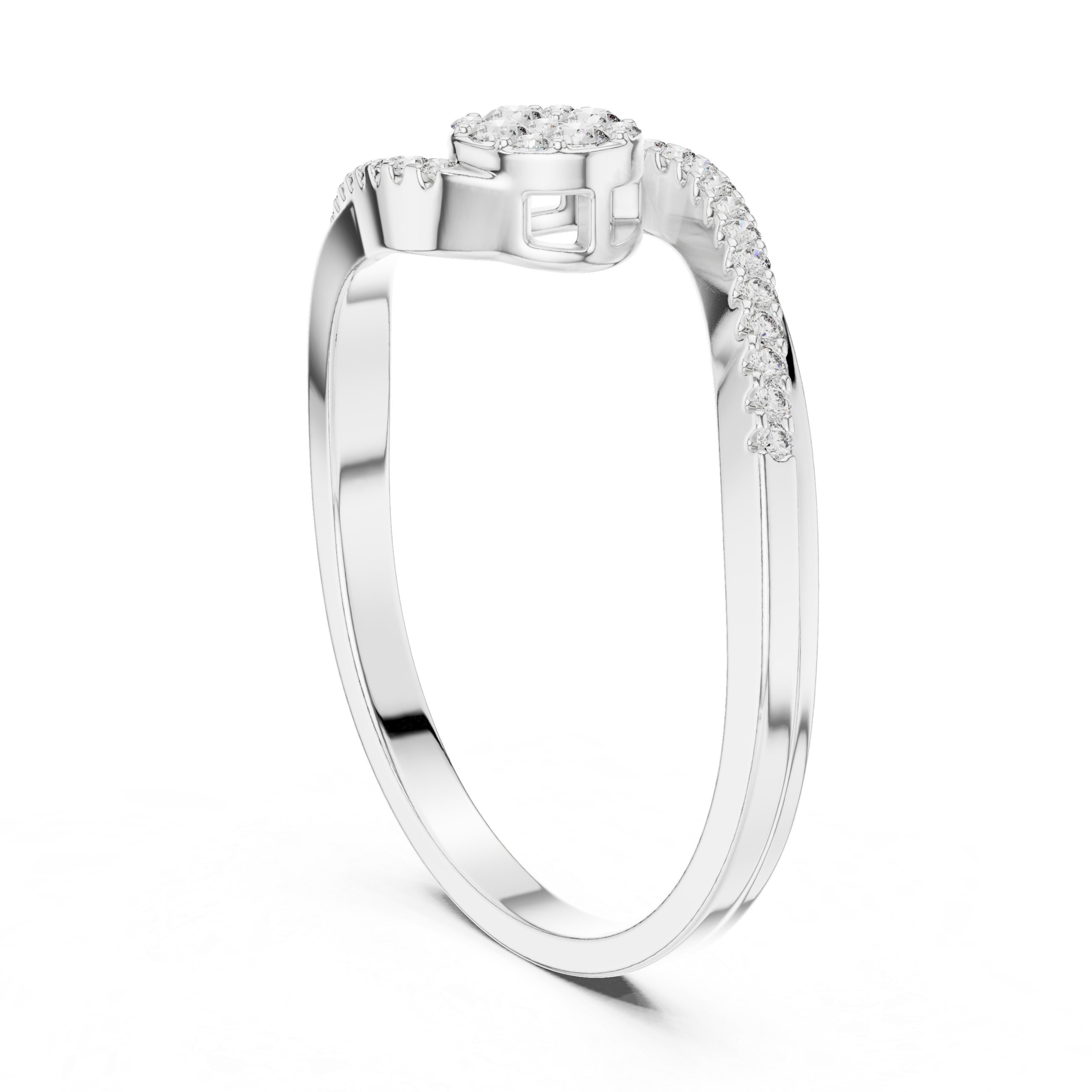 Pave cluster diamond engagement ring with diamond studded bypass band