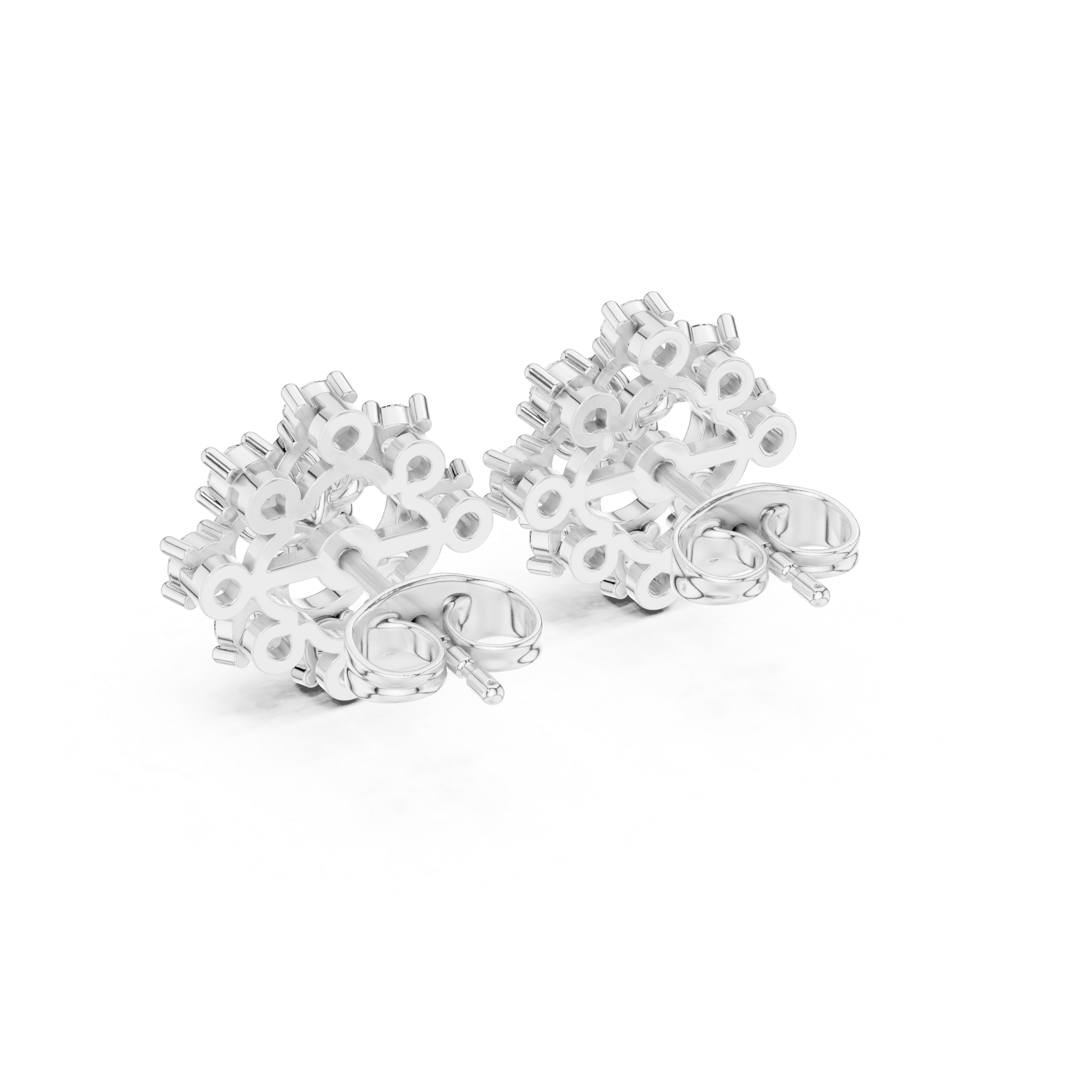 Snowflake cross cluster stud earrings with four petal floral centre in open circle frame and round stone cross pattern surround