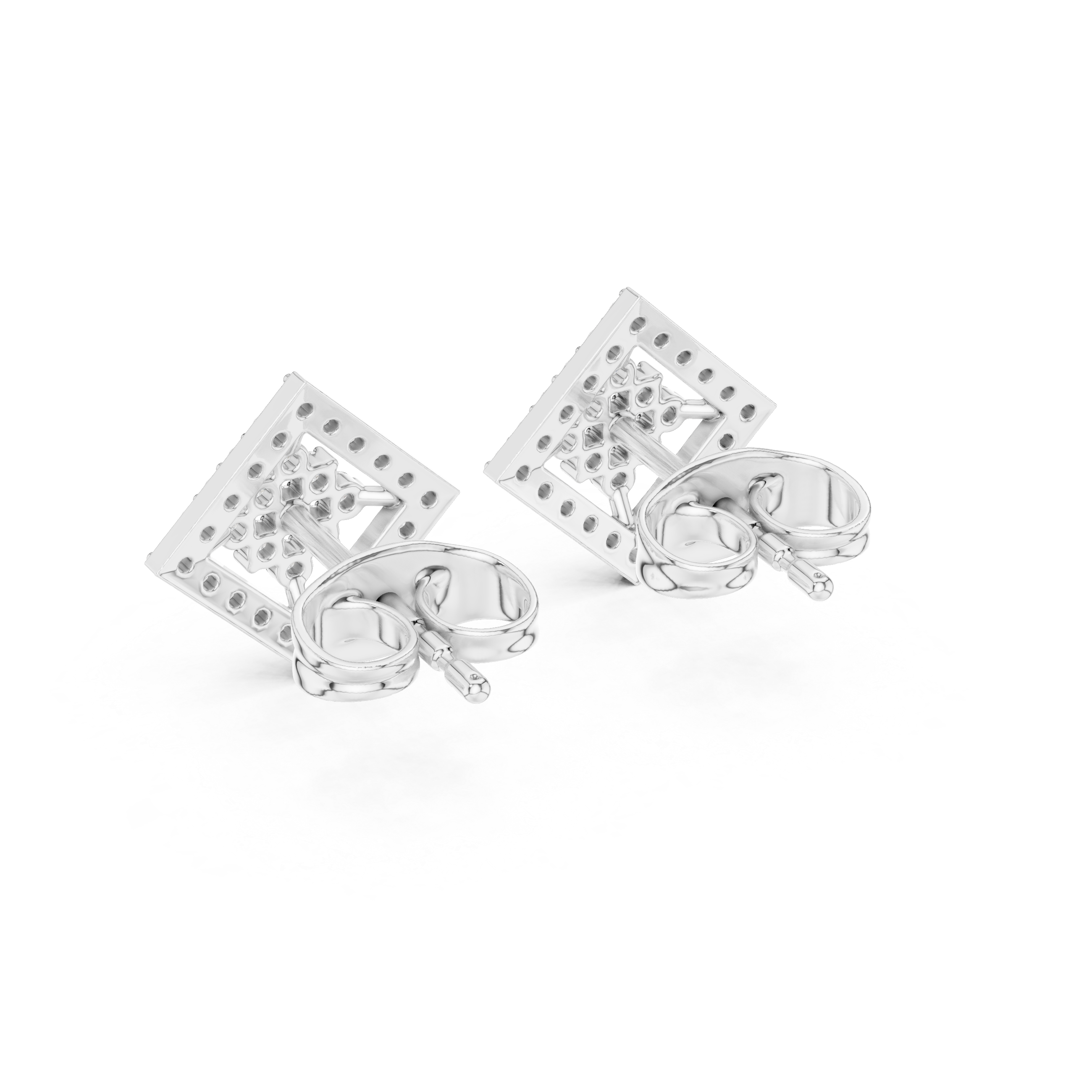 Square-set stud earrings with an open lattice four-petal floral cluster centre within a pavé-set border frame