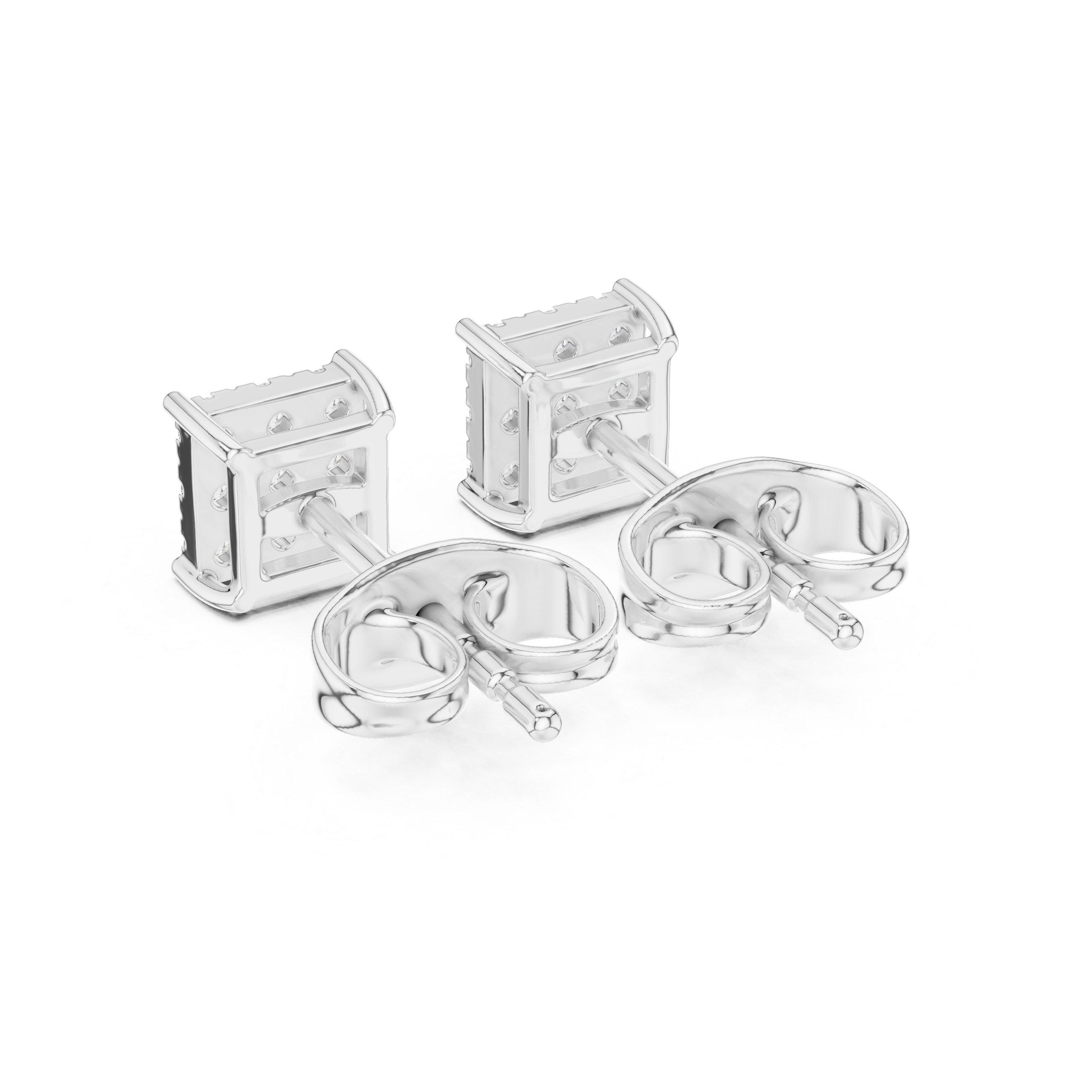 Square stud earrings with a nine-stone round brilliant grid cluster set in a four-prong corner setting