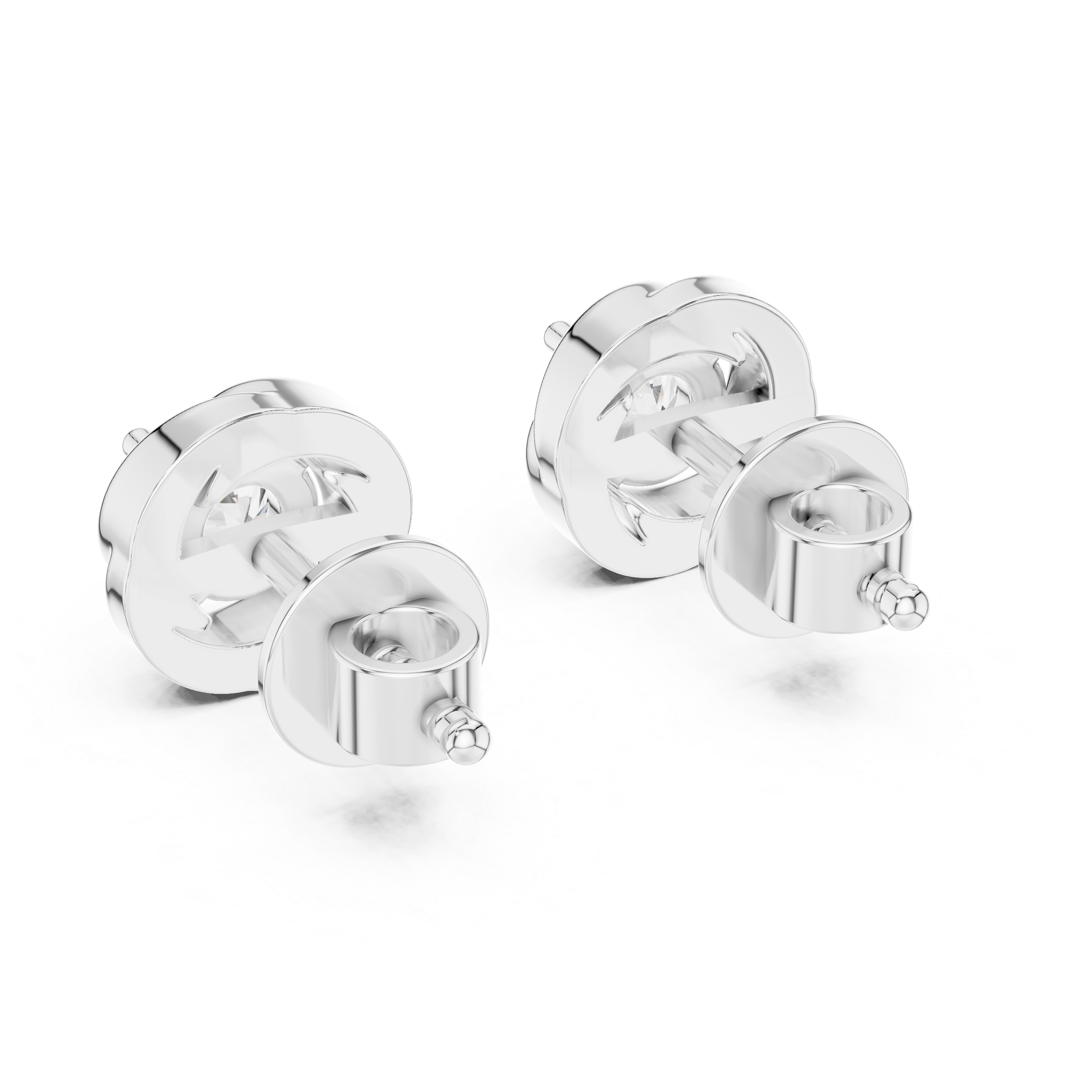 Prong-set round brilliant solitaire stud earrings with a polished swirl surround frame