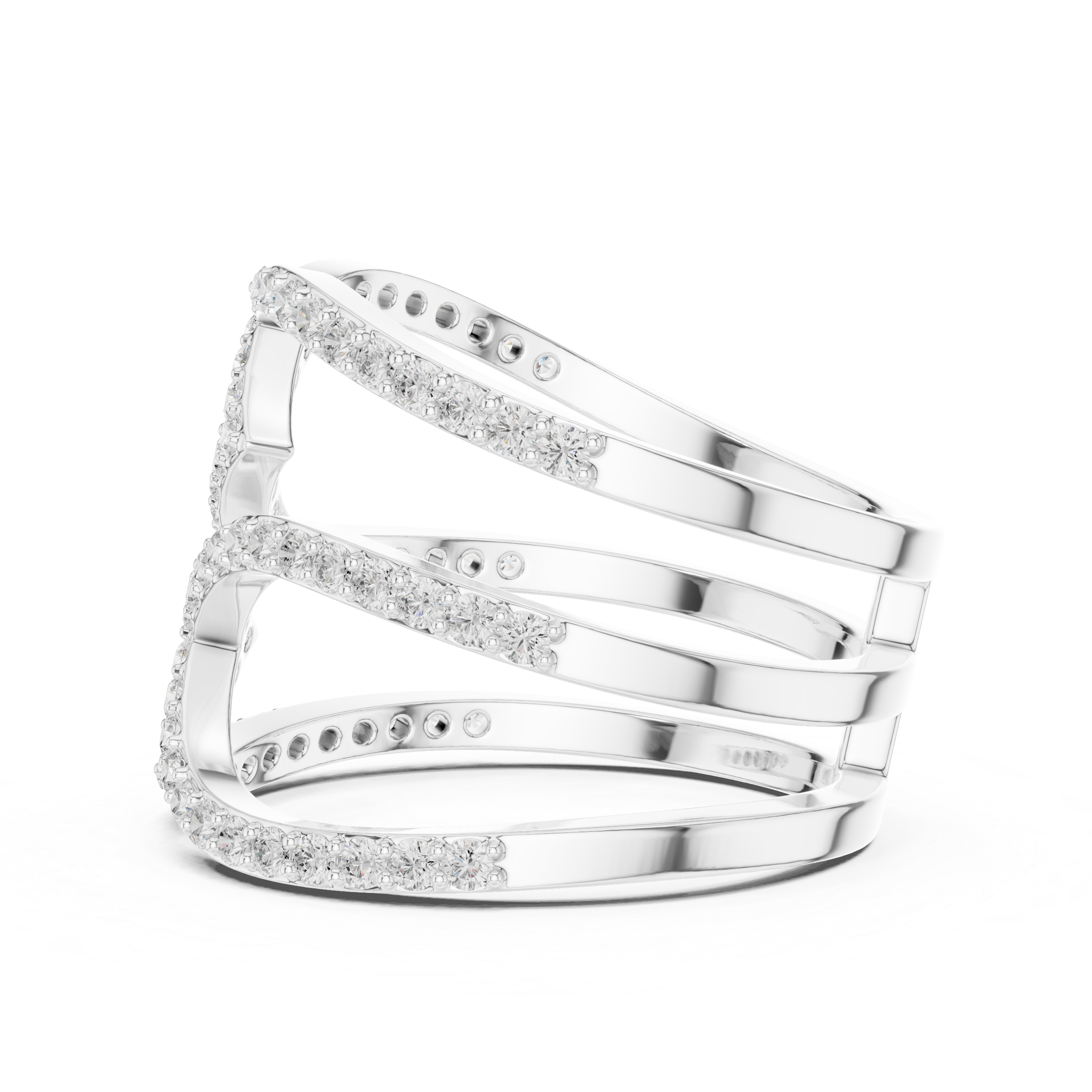 Triple wave intertwined full pave diamond cocktail ring with open design