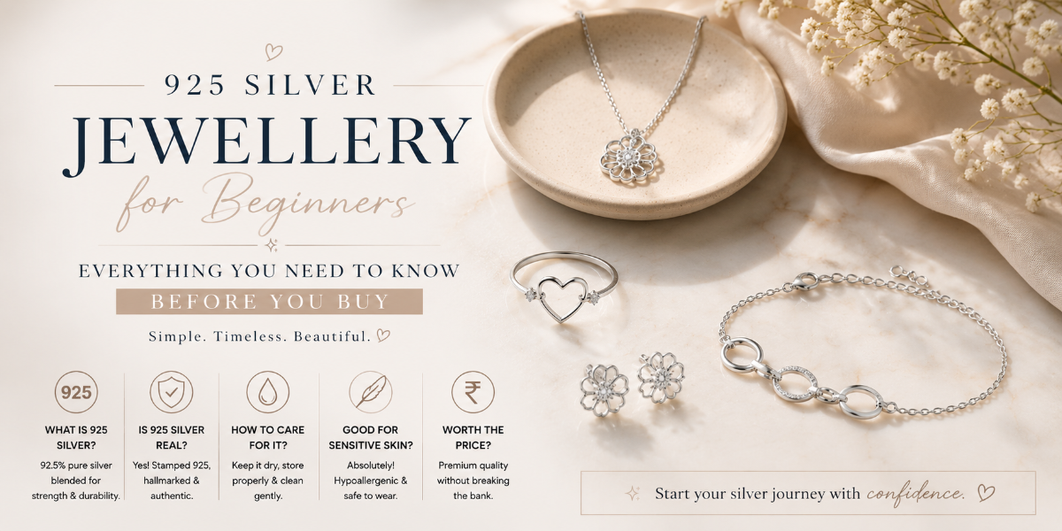 Elegant flat lay of 925 sterling silver jewellery including a pendant, ring, bracelet, and earrings, illustrating a beginner's guide to buying authentic silver jewellery.