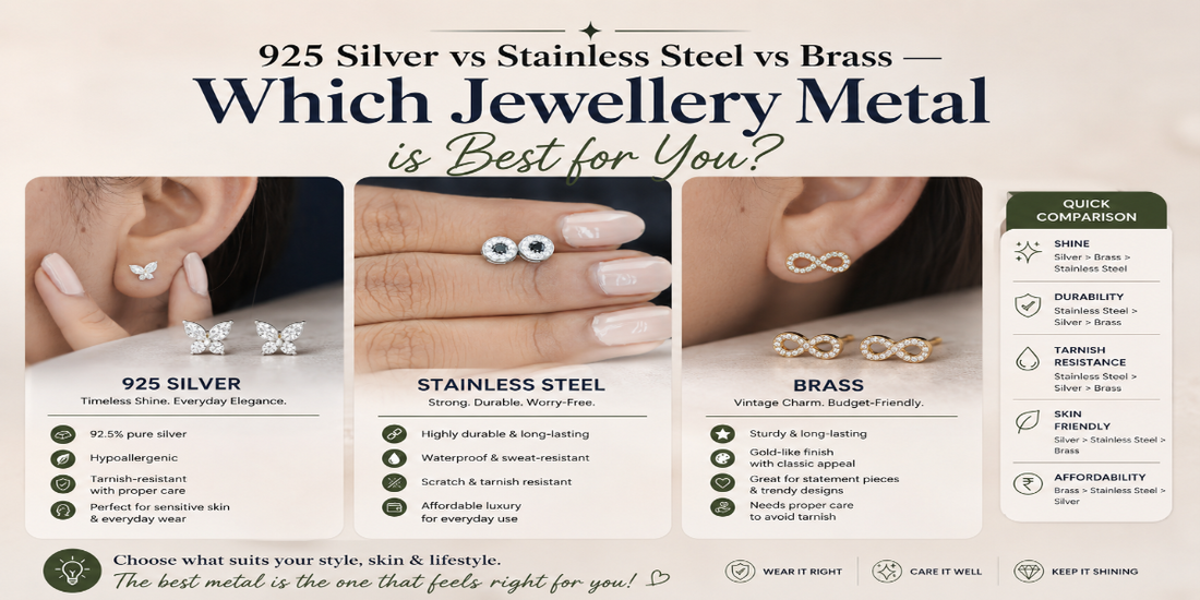 Comparison of 925 silver, stainless steel, and brass jewellery with earrings and styling examples showing durability, shine, tarnish resistance, and affordability.