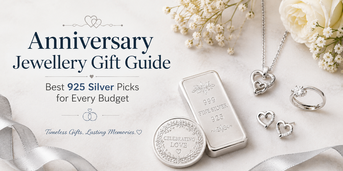 Anniversary Jewellery Gift Guide featuring elegant 925 sterling silver jewellery, a silver coin and silver bar