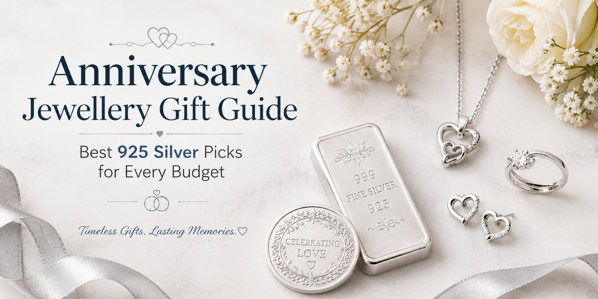 Anniversary Jewellery Gift Guide featuring elegant 925 sterling silver jewellery, a silver coin and silver bar