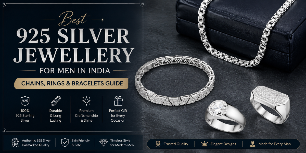 Best 925 silver jewellery for men in India featuring sterling silver chain, bracelet and rings for a modern masculine style.