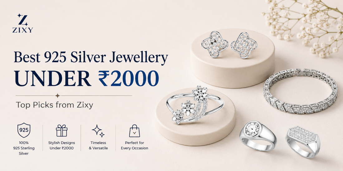 Best 925 silver jewellery under ₹2000 from Zixy featuring sterling silver earrings, floral ring, bracelet, and men's rings on a premium display.
