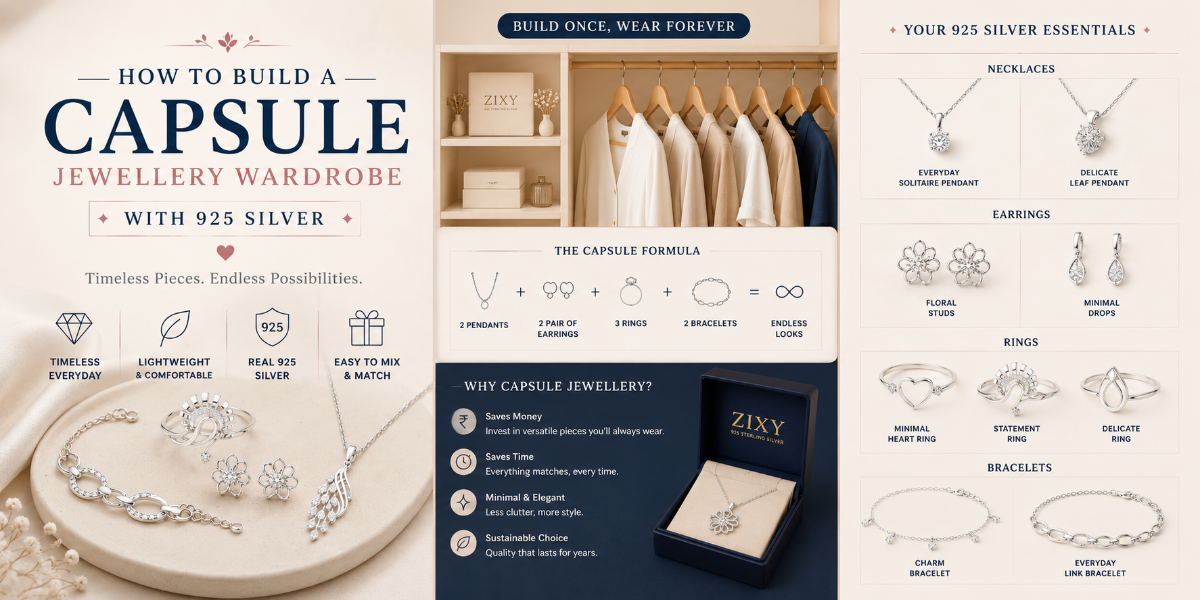 Capsule jewellery wardrobe with 925 silver necklaces, earrings, rings and bracelets for versatile everyday styling