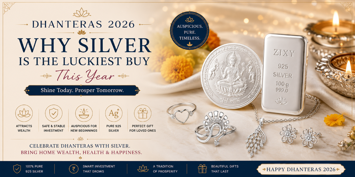 Elegant Dhanteras 2026 blog banner featuring 925 silver jewellery, silver coin, silver bar, and festive diya, explaining why silver is the luckiest purchase for prosperity, wealth, and gifting during Dhanteras.