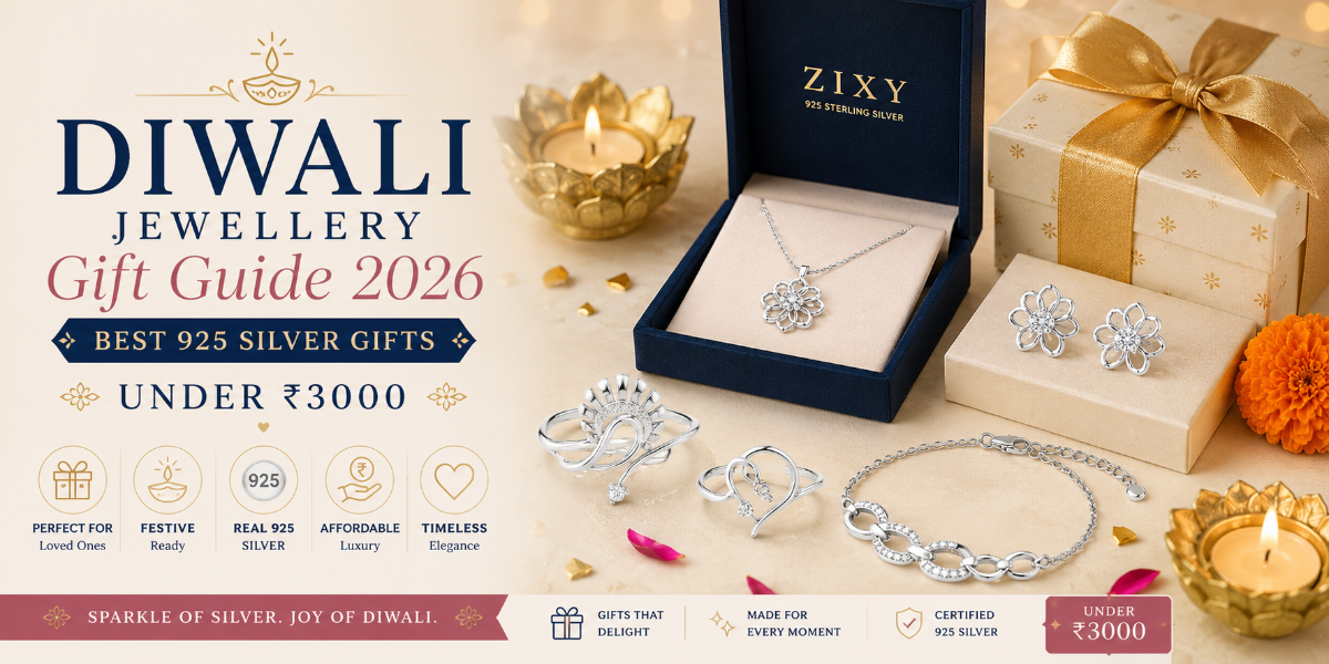Diwali Jewellery Gift Guide 2026 featuring elegant 925 sterling silver rings, pendant, earrings and bracelet under ₹3000 by Zixy, perfect festive gift ideas for family and loved ones.