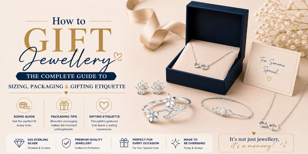 How to Gift Jewellery – Complete guide to choosing the right size, elegant packaging, and gifting etiquette featuring 925 sterling silver necklace and bracelet from Zixy.