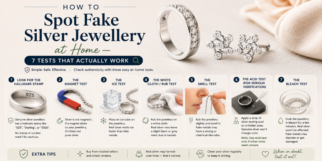 Infographic showing 7 easy ways to test fake silver jewellery at home, including hallmark, magnet, ice, rub, smell, acid, and bleach tests with silver ring and earrings.