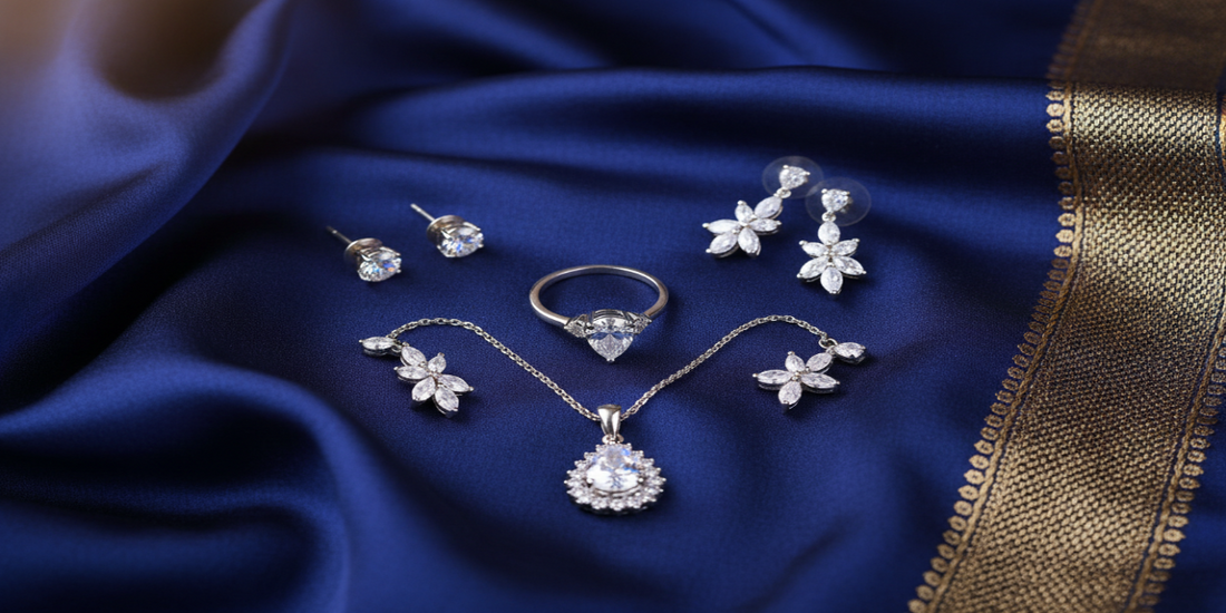 How to style 925 sterling silver jewellery with Indian ethnic wear — ZIXY rings, earrings and pendant on blue silk saree fabric