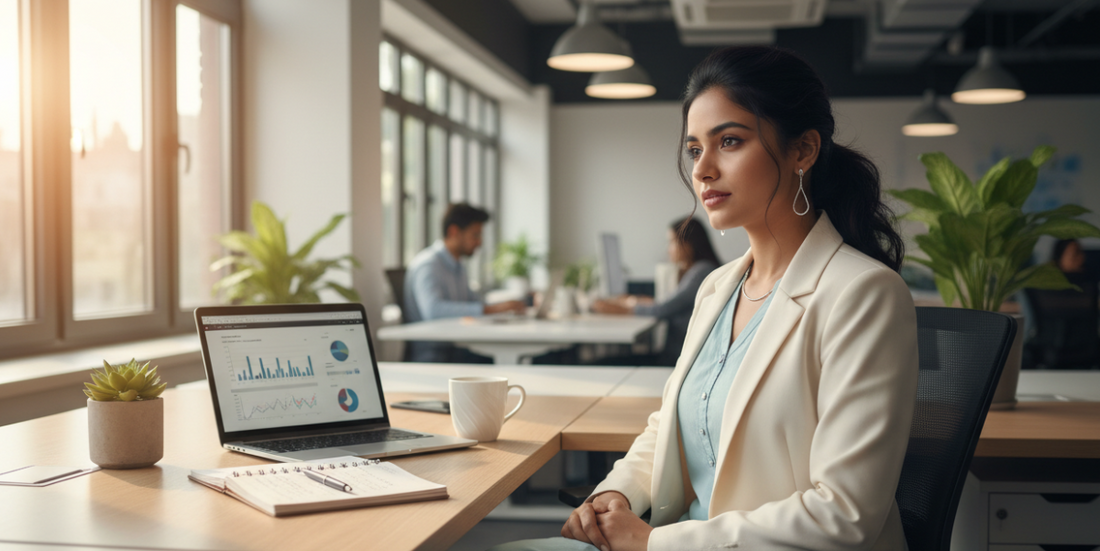 Indian woman at office desk with subtle 925 sterling silver jewellery - Zixy styling guide