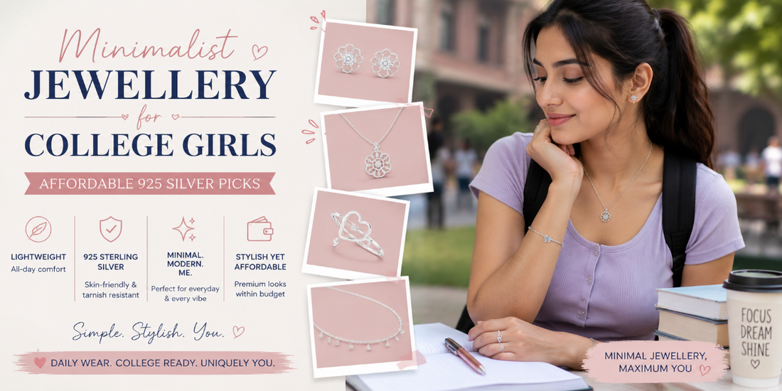College girl wearing minimalist 925 sterling silver jewellery including earrings, necklace, bracelet, ring, and anklet, showcasing affordable everyday jewelry for students by Zixy.