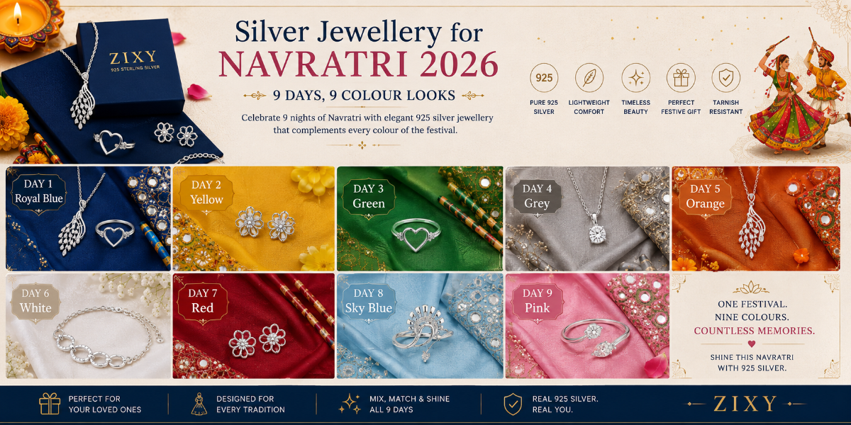 Elegant 925 sterling silver jewellery styled for Navratri 2026 with nine festive colour inspirations—Royal Blue, Yellow, Green, Grey, Orange, White, Red, Sky Blue and Pink—featuring rings, pendants and earrings by Zixy.