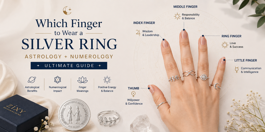 Silver ring wearing finger guide showing astrology and numerology meanings