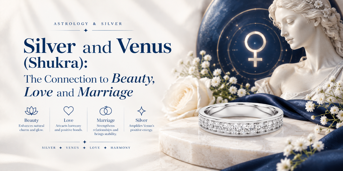 Silver and Venus (Shukra) blog banner with 925 silver rings and Venus symbol
