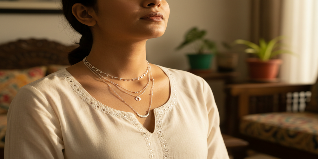 Indian woman layering delicate 925 sterling silver necklaces, lifestyle jewellery styling by ZIXY