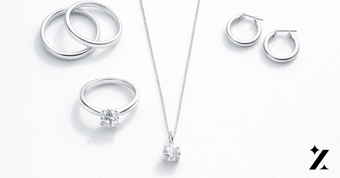 925 sterling silver jewellery flat lay — rings necklace earrings by ZIXY